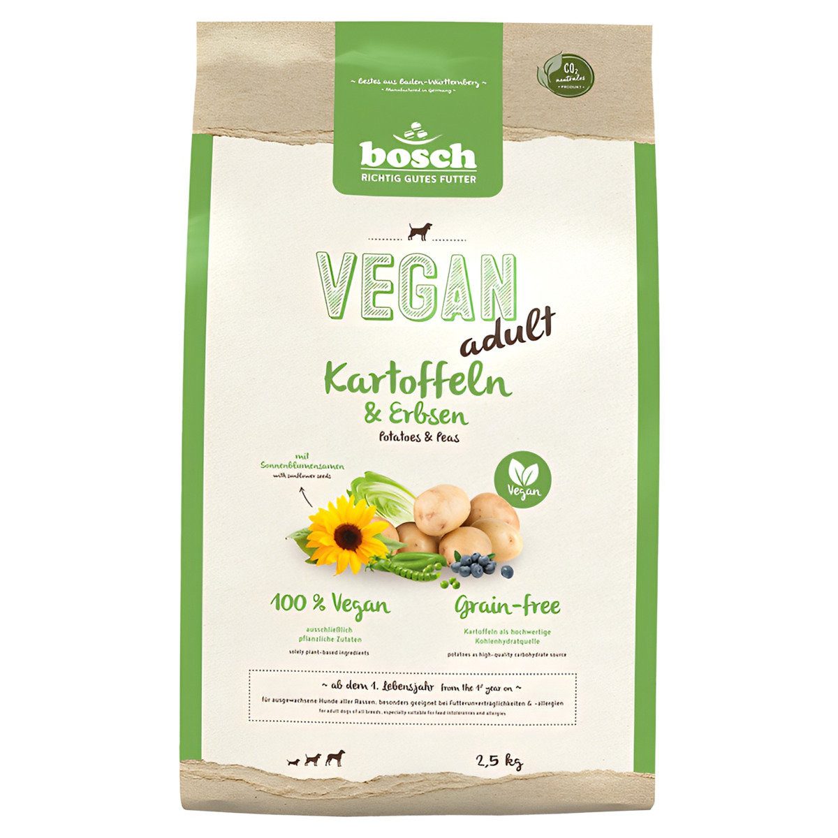Bosch Petfood Vegan Adult Kartoffel & Erbsen 2,5 kg, Trockenfutter für: Hund