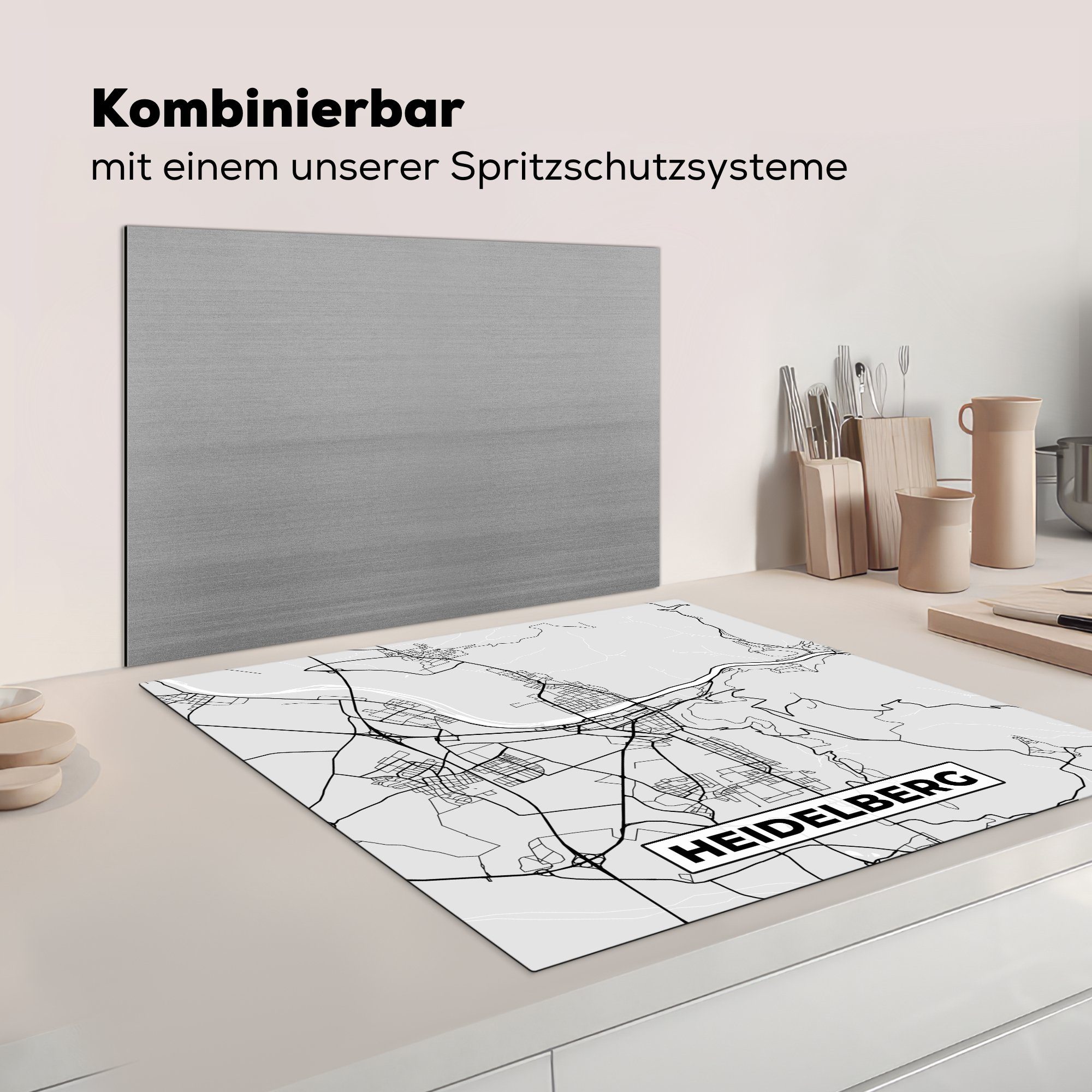 Karte (1 Arbeitsplatte - cm, Deutschland MuchoWow für - Vinyl, Heidelberg Ceranfeldabdeckung, - 78x78 Karte küche Stadtplan, - tlg), Herdblende-/Abdeckplatte