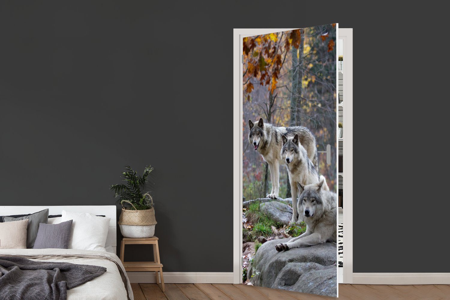 MuchoWow Türtapete Wölfe - Fels - Wald, Matt, bedruckt, (1 St), Selbstklebende Tapete, Folie für Möbel, 75x205 cm – Bild 5 von 5