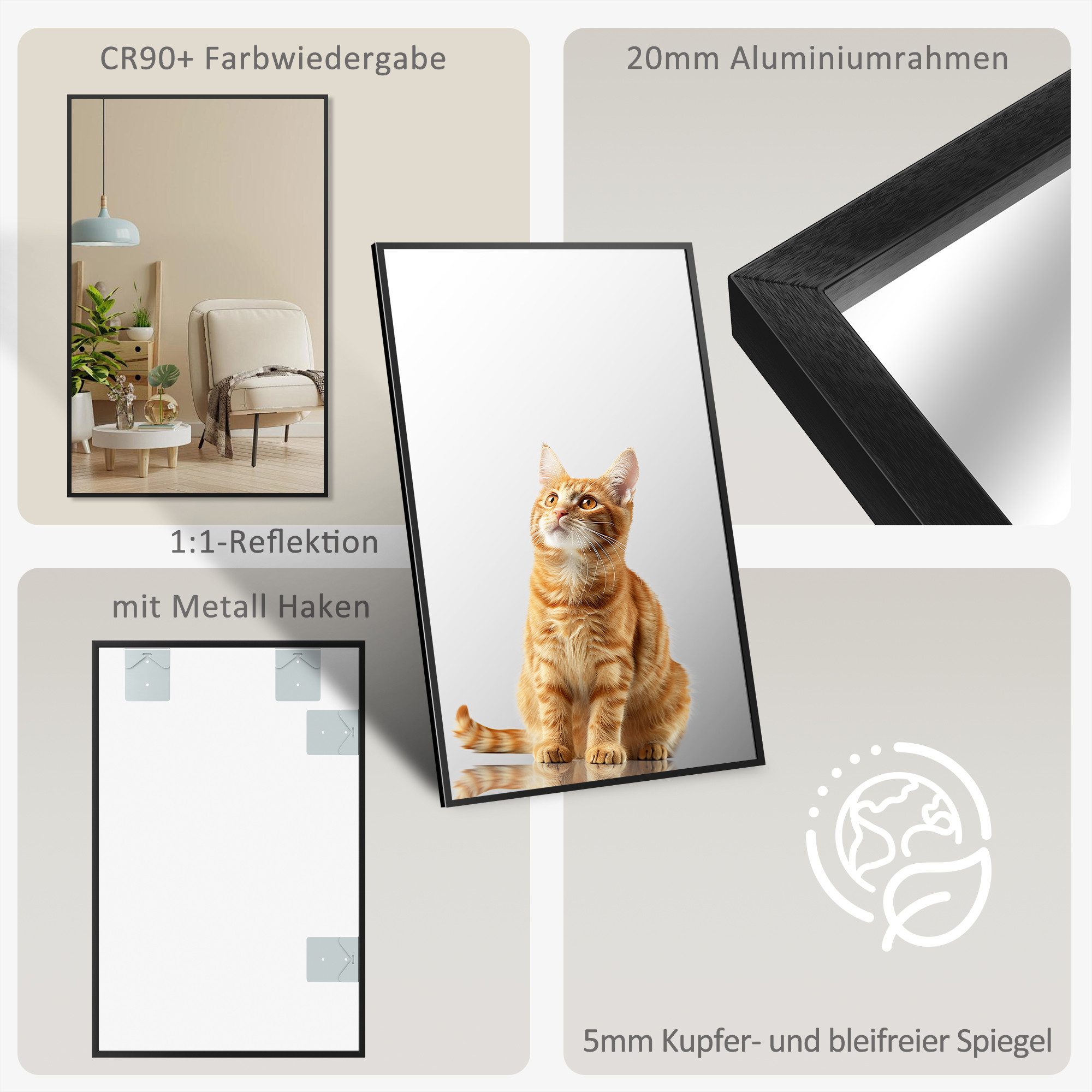 Hopibath Wandspiegel klein 40x60 eckig Schwarz mit Alurahmen (Flurspiegel Badspiegel, 5mm HD Glas), Spiegel, für Bad, Flur, Wohnzimmer, Schlafzimmer – Bild 3 von 5