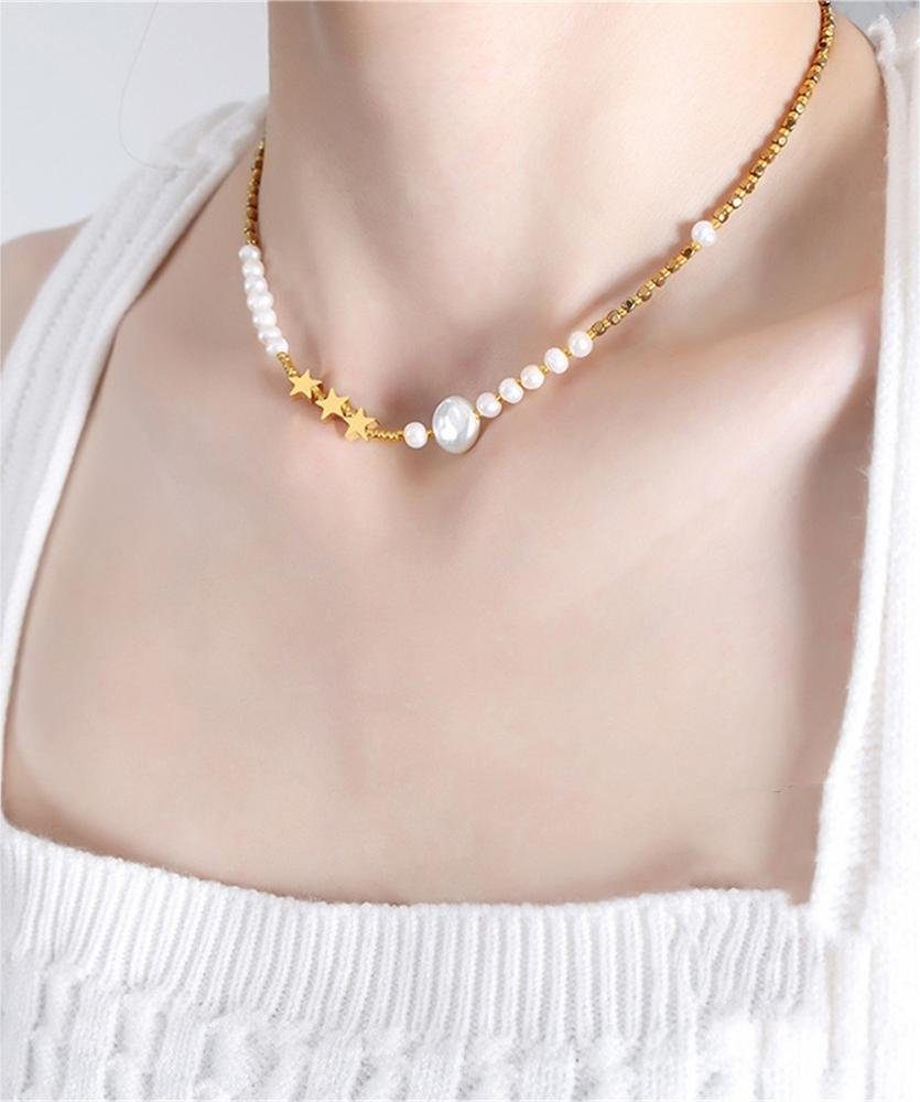 Rouemi Perlenkette Stern-Choker, Süßwasserperlen-Halskette, Perlenhalsband aus Titan