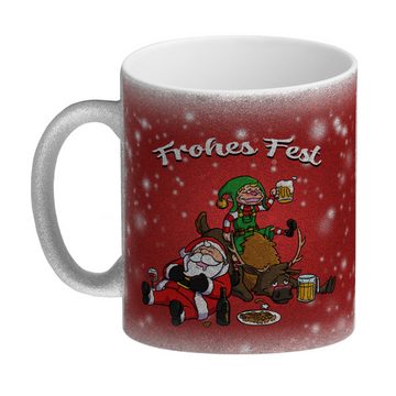 speecheese Tasse Frohes Fest mit lustigem Weihnachtsmotiv Glitzer-Kaffeebecher