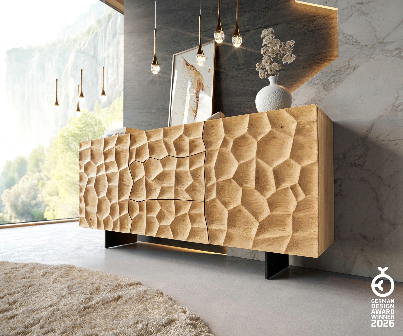 DELIFE Sideboard Solu, 175 cm Eiche Natur 2 Türen 3 Schübe Fuß schwebend Metall Schwarz