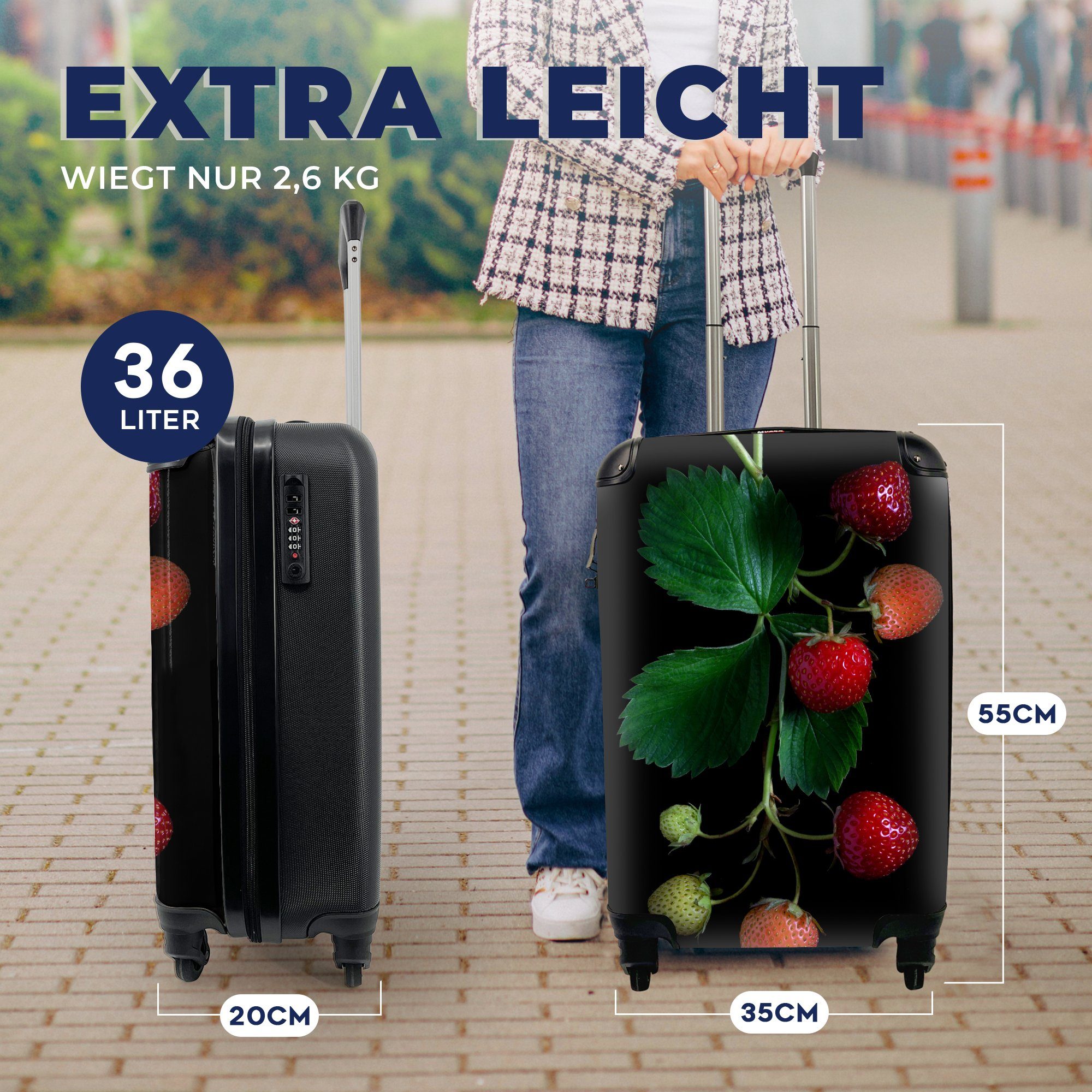 MuchoWow Handgepäckkoffer Eine Erdbeerpflanze rollen, Ferien, Reisetasche auf schwarzem Trolley, Hintergrund, mit 4 Reisekoffer für Handgepäck Rollen