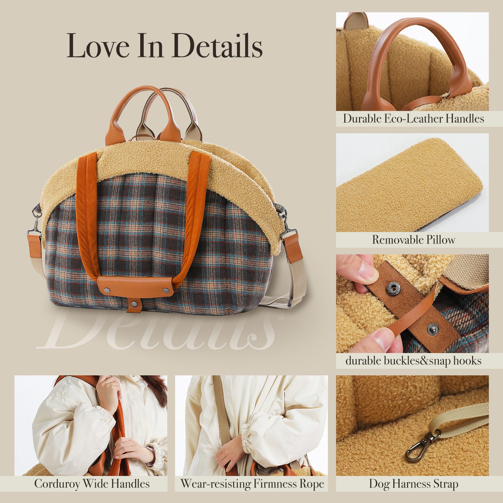 Purpurra Tiertransporttasche Braun für Katzen/Hase/Hunde, mit Plüsch-Einsatz