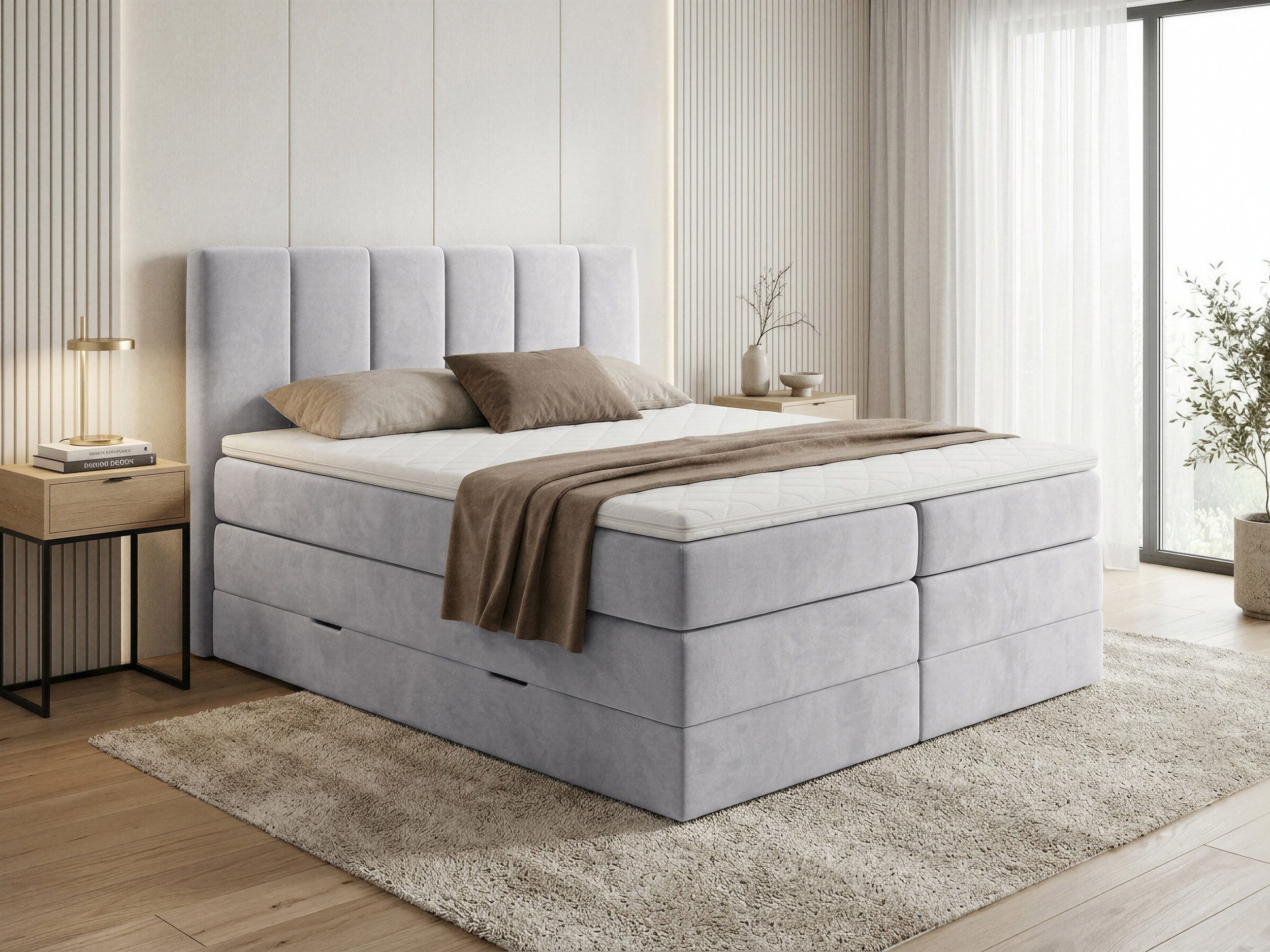 Sofnet Boxspringbett Star XL (2x Bettkästen, Bonellfederkern- und Taschenfederkernmatratze, Topper), Polsterbett, Doppelbett, Velours, mit Kopfteil, 140/160/180x200 cm