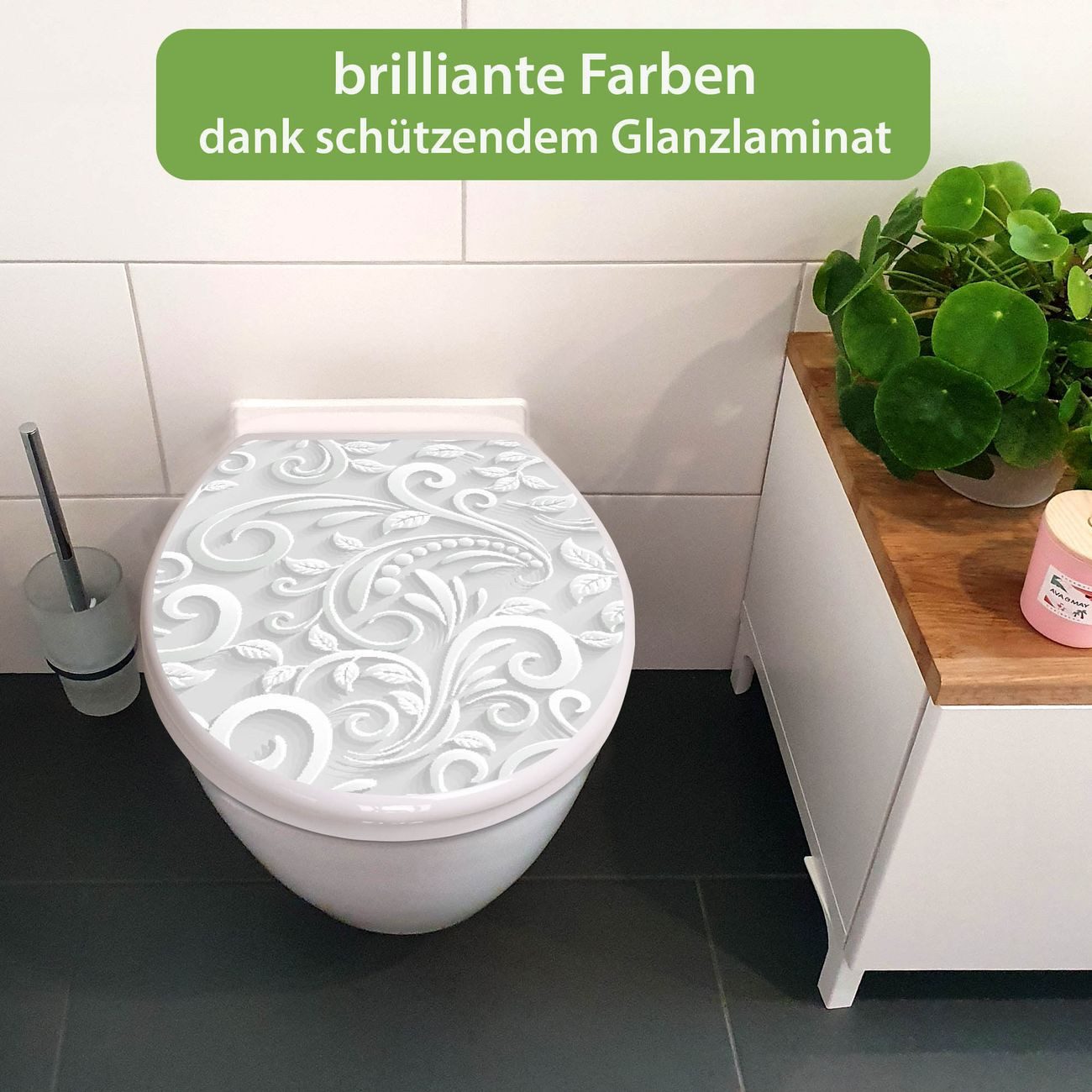 banjado WC-Sitz mit Absenkautomatik Motiv White Swirl (umweltfreundliches Material, integrierte Scharniere), 44,5 x 37 x 5 cm