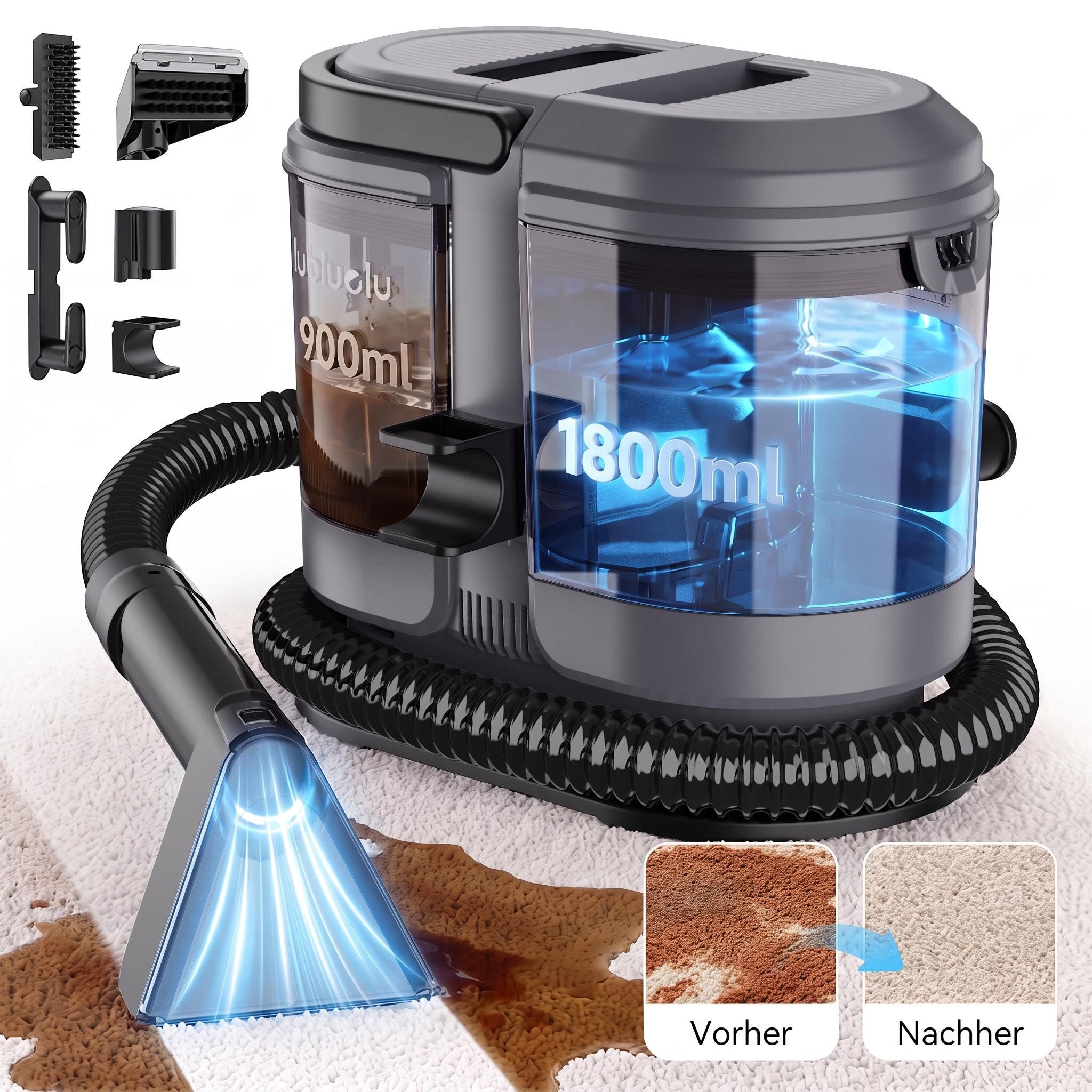 lubluelu Teppichreinigungsgerät Polsterreiniger Gerät Waschsauger 18000Pa Fleckenreiniger 3in1, 450 W, beutellos, für Teppiche, Polster, Sofa, Auto, Flecken / Dual-Tank-Technologie