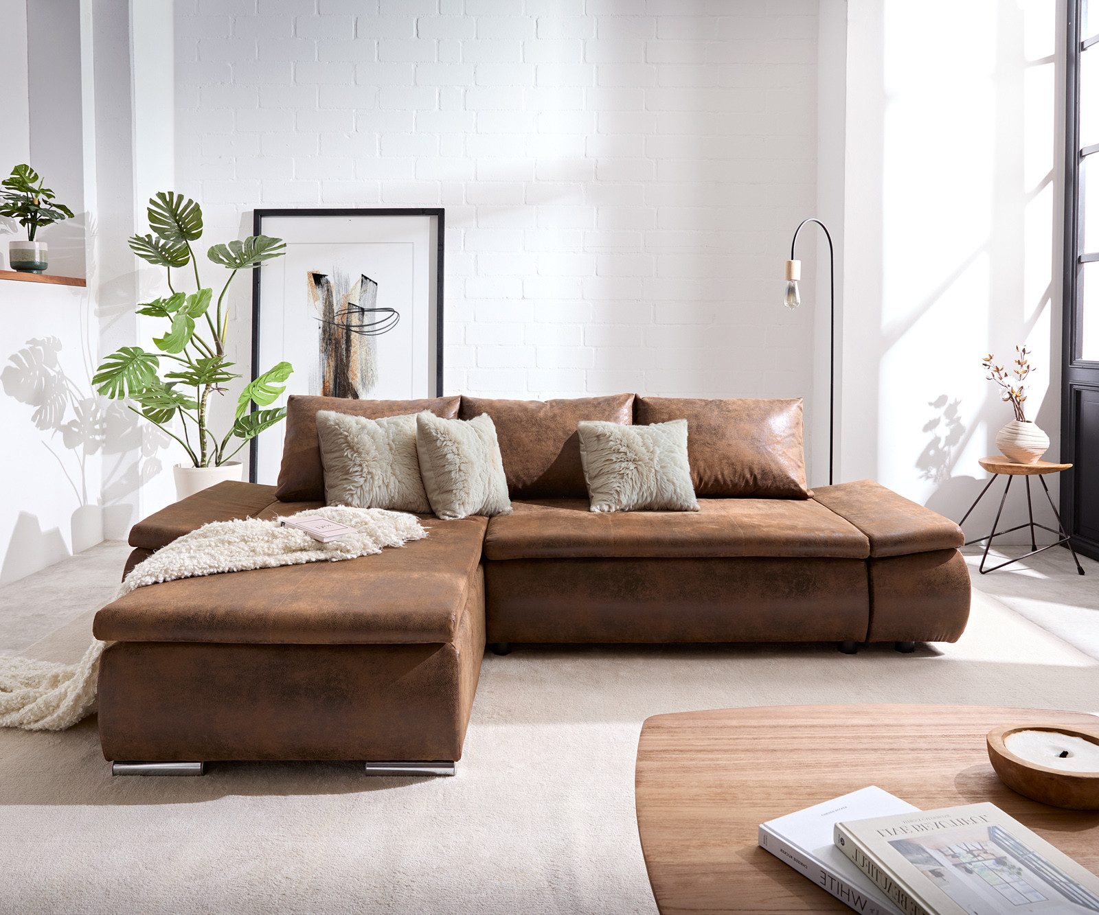 DELIFE Schlafsofa Abilene, Braun 260x175 mit Bettfunktion Ottomane variabel Ecksofa