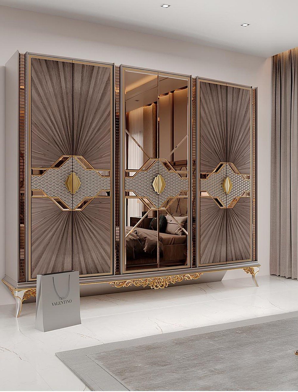 JVmoebel Kleiderschrank Luxus Kleiderschrank mit Spiegeloberfläche und goldenen Details