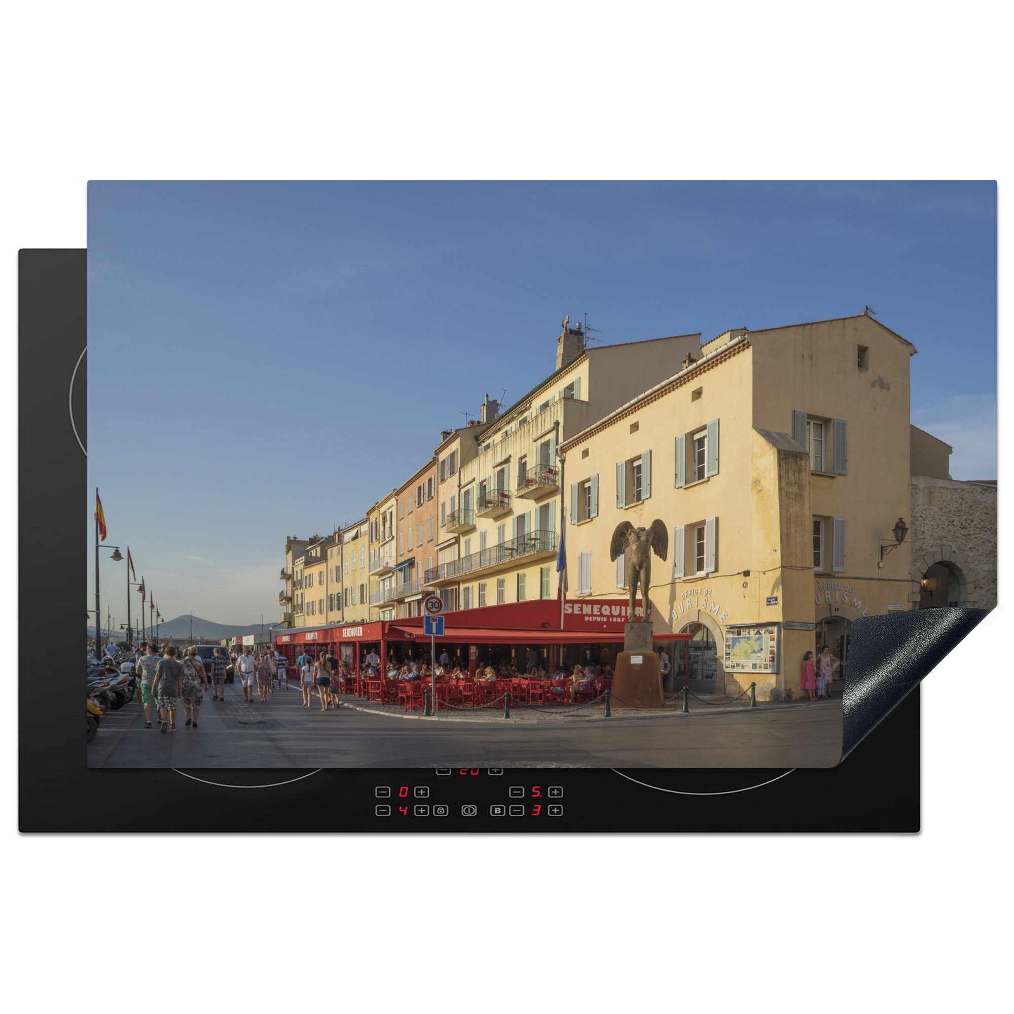 MuchoWow Herdblende-/Abdeckplatte Restaurants in den Straßen des französischen Saint-Tropez, Vinyl, (1 tlg), 81x52 cm, Induktionskochfeld Schutz für die küche, Ceranfeldabdeckung