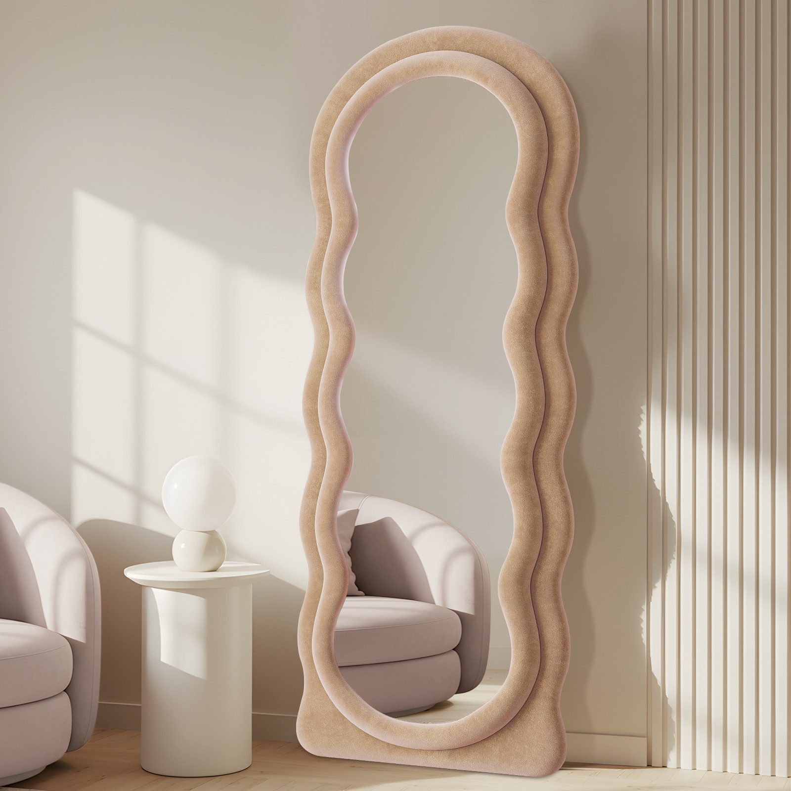 LUNAMIRROR Ganzkörperspiegel im gewellte Form, Samtbezug, Holzrahmen (1-St), stehend & hängend, 160x60 cm, Weiß/Beige