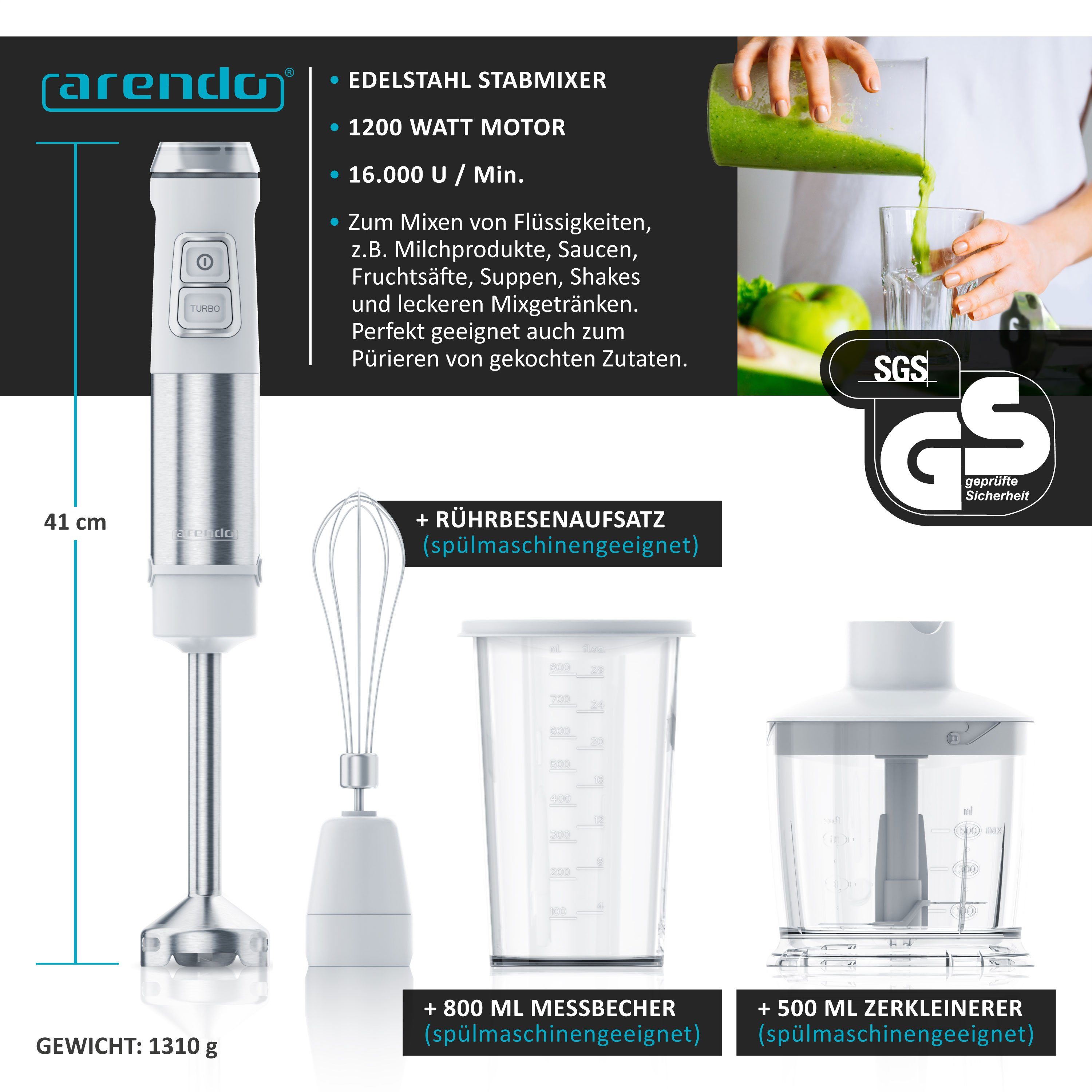 Arendo Stabmixer Edelstahl Pürierstab Set mit Zerkleinerer & Messbecher, Handmixer, 1200 W, 2 Geschwindigkeitsstufen, 4-Klingen, einfache Reinigung, DC Motor