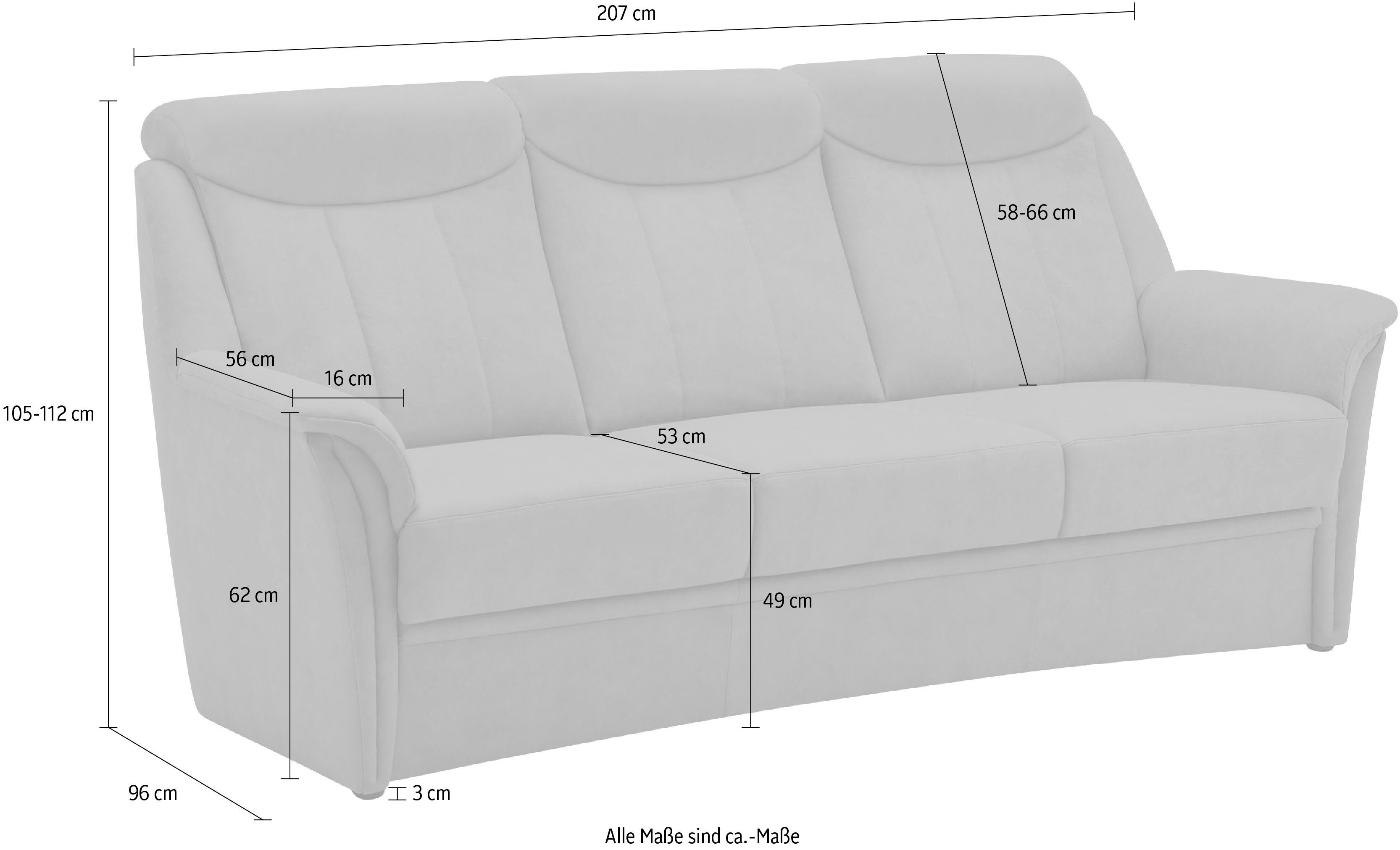 Lugano, BECK Kopfteilverstellung, 3-Sitzer 49 1 cm VILLA Teile, inklusive Sitzhöhe in