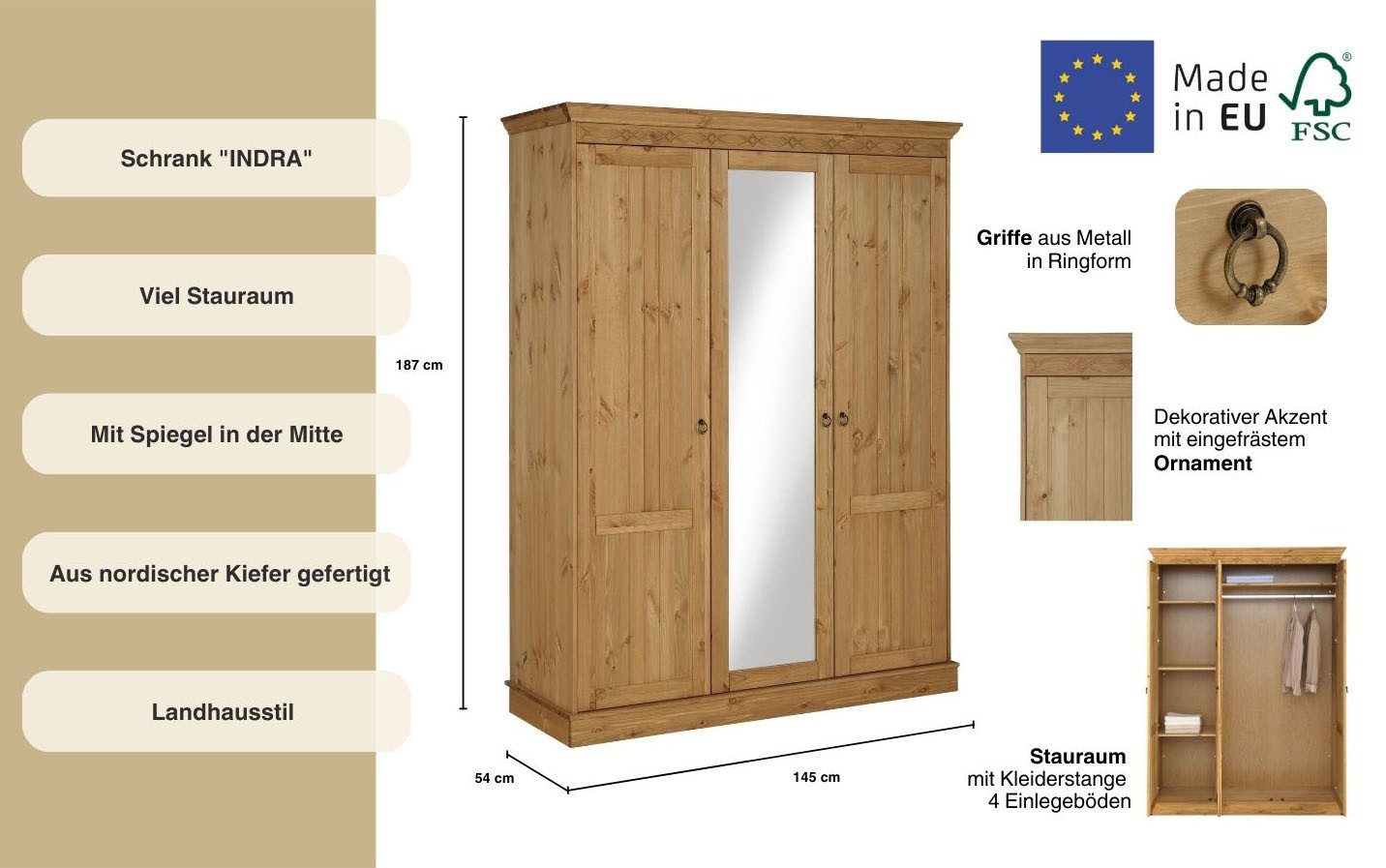 OTTO home Kleiderschrank Indra (3 Breiten: 100/145/233 cm H/T ca.187/54 cm) aus massiver Kiefer, mit Spiegel bei der 3- und 5trg.Variante
