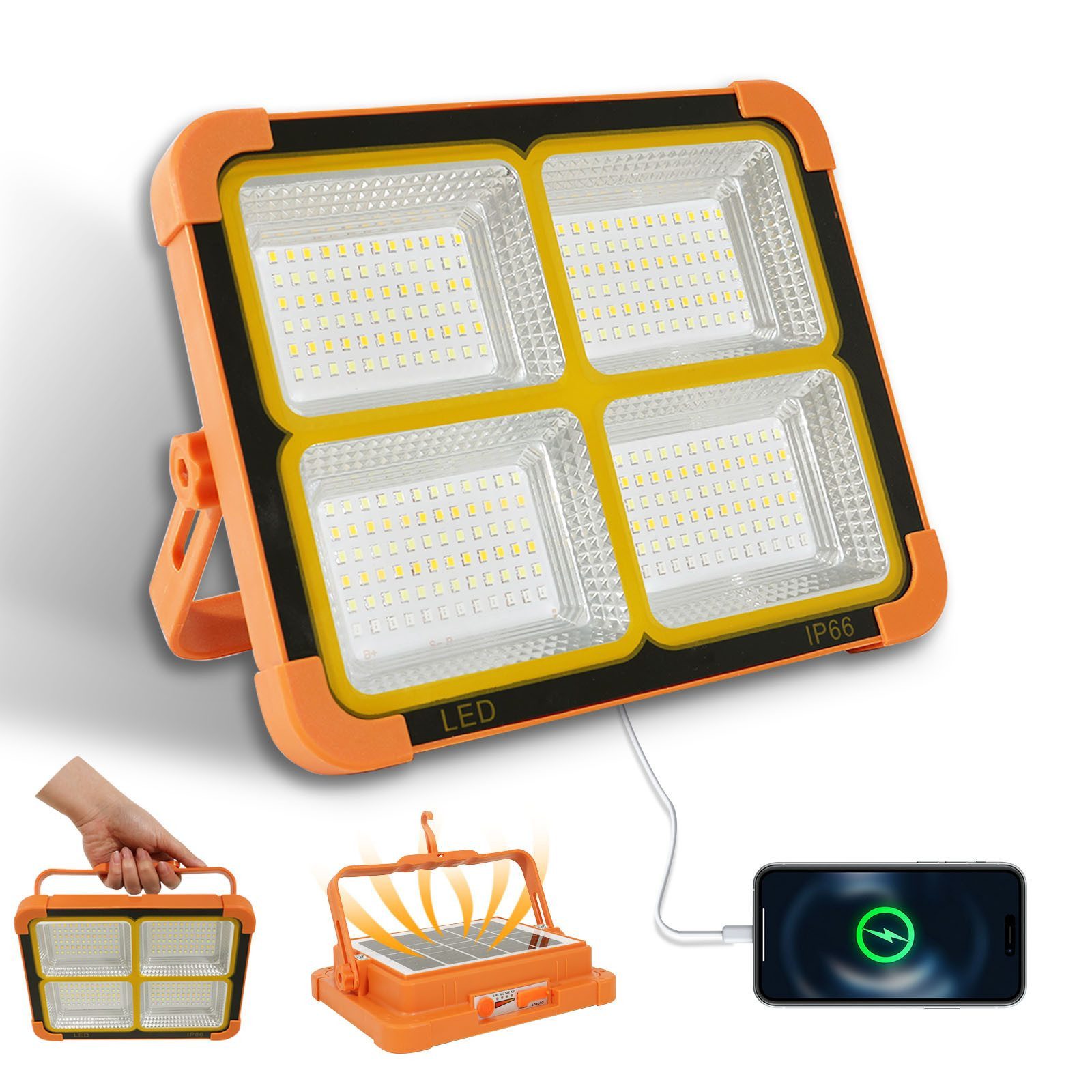 Ophy Arbeitsleuchte Solar-Arbeitsleuchte wiederaufladbar, 288 LEDs, 5 Lichtmodi (3000/4000/6500 K & SOS), magnetisch & aufhängbar, für Camping, Werkstatt & Notfall