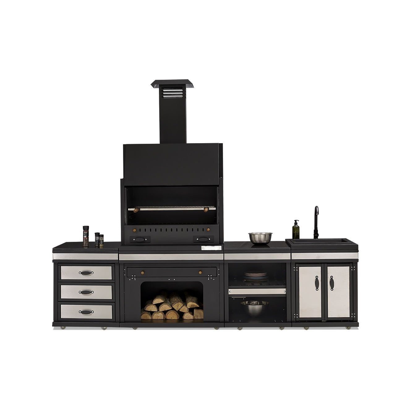 JVmoebel Outdoor-Küche Edelstahl Außenküche in Schwarz mit Grillstation und Stauraum, Made in Europe