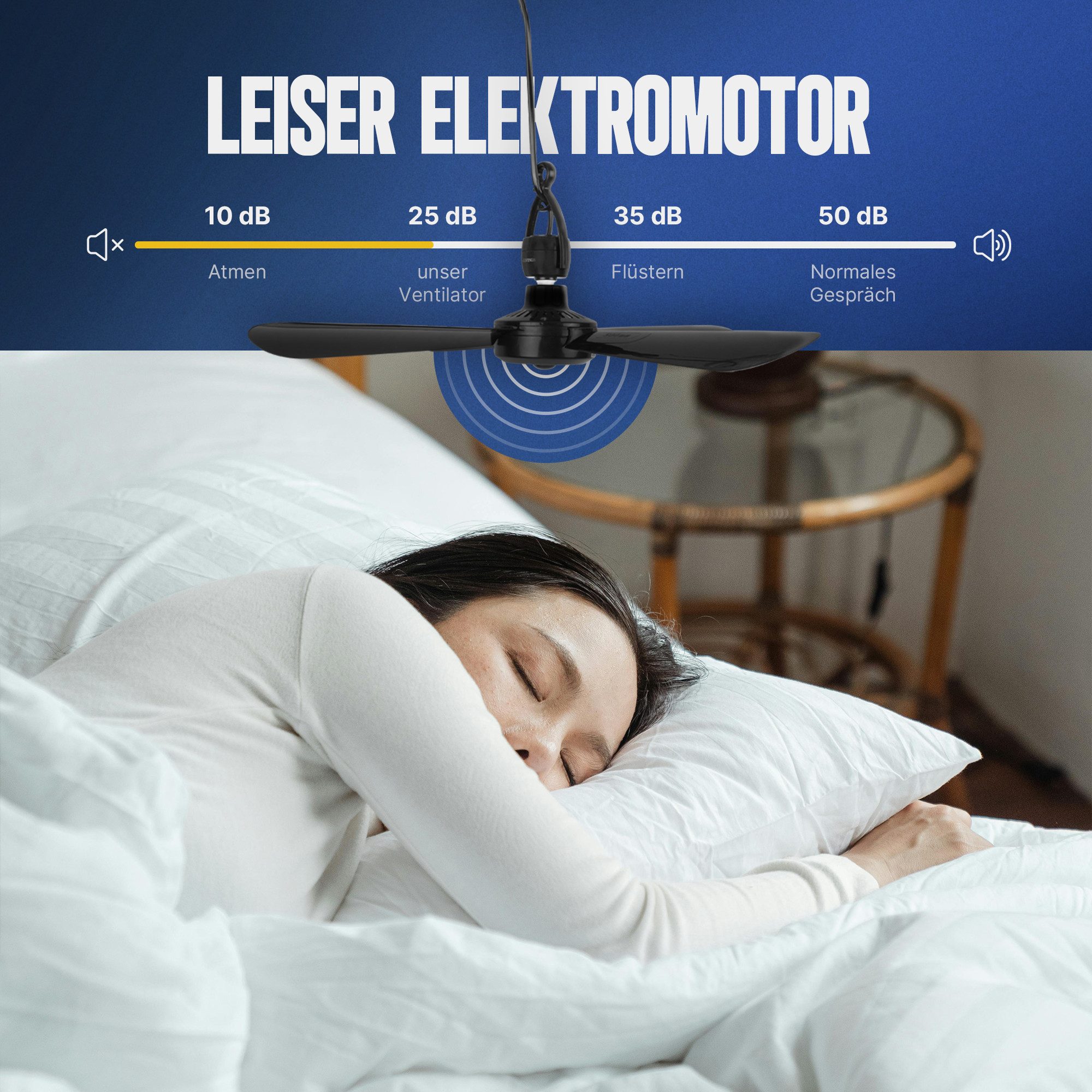 Bestlivings Deckenventilator mobil mit Anschlusskabel und Schalter, mit Aufhängung, Luftzug Umkreis 3m, energie- und platzsparend
