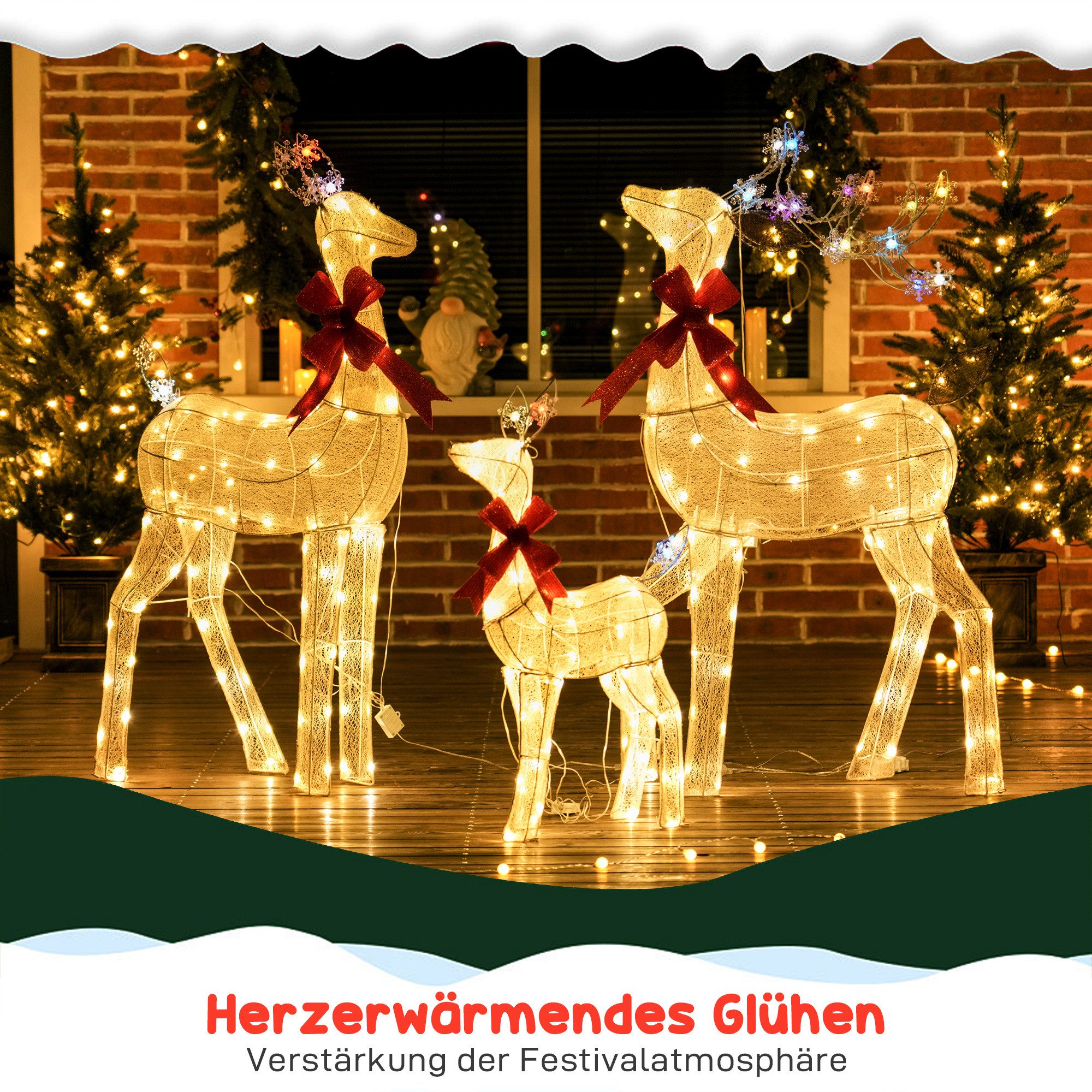 Outsunny Weihnachtsfigur LED Rentier mit 242 RGB- und warmweißen LEDs für Außen & Innen (3-teiliges Weihnachtsdekorationsset, 3 St., Weihnachtsdeko), Wasserfest, Gelb