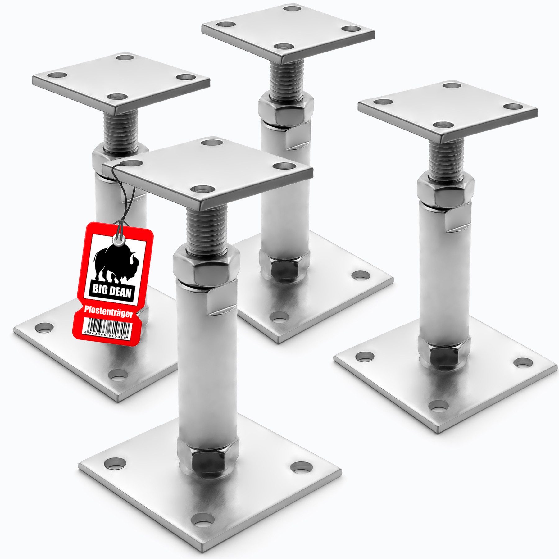 BigDean Pfostenträger Aufschraubbar Höhenverstellbar Verzinkt Korrosionsresistent, für 70mm Pfosten, Längen der Träger 30-150mm und 150-190mm, Aufschraubmontage, (Packung, 4-St., Pfostenträger), Flexibel höhenverstellbar, Praktische Aufschraubmontage, Verzinkt