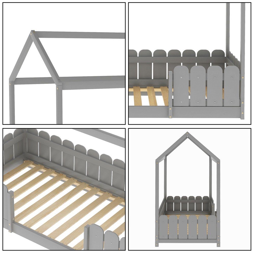 Jungen cm und Holz Jugendbett – & Hausbett Mit (Ohne Grau Weiß, Matratze) Mädchen, 90x200 Fangqi Lattenrost für Kinderbett Rausfallschutz vielseitiges