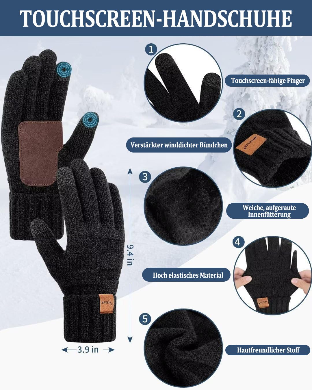 Zaewry Mütze & Schal Strickmütze, Schal und Handschuh-Set, Winterstrickmütze, Touchscreen-Handschuhe, gefütterter Kragen, Unisex – Bild 4 von 5