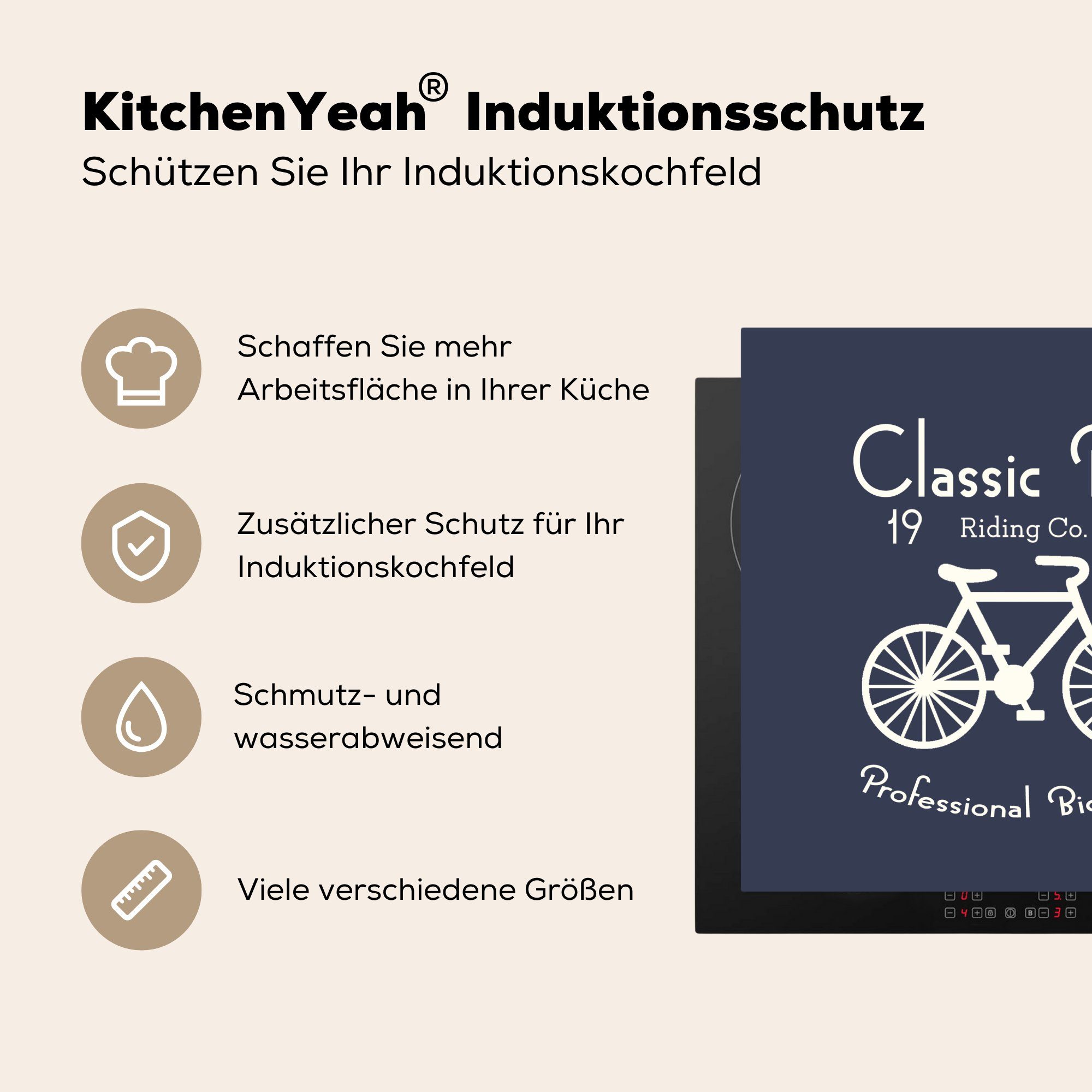 78x78 küche Fahrrad für - - cm, Ceranfeldabdeckung, MuchoWow Arbeitsplatte Herdblende-/Abdeckplatte (1 Vinyl, Text, tlg), Jahrgang