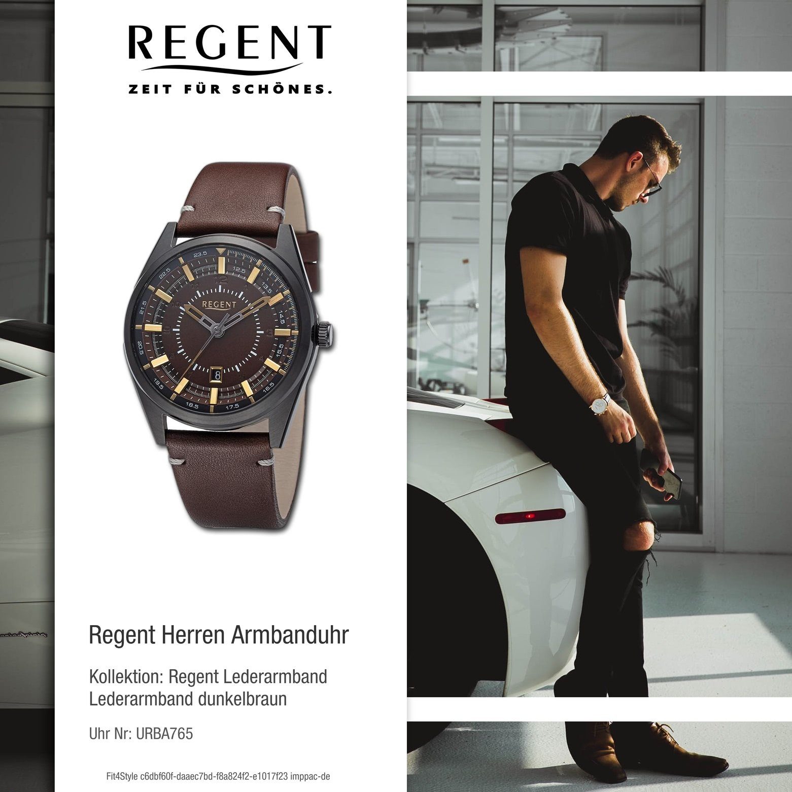 Regent Quarzuhr Herren rund, Analog, Armbanduhr Lederarmband (ca. Regent extra 41mm), groß Armbanduhr Herren