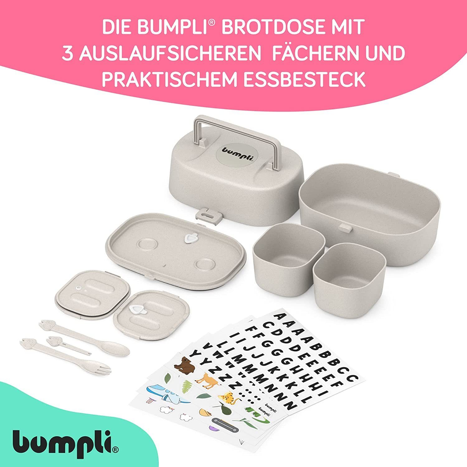 auslaufsichere mit - & Namenssticker gratis bumpli® 6 Kinder Vesperdose sichere Grau Lunchbox Brotdose BPA-freie und Nutzung, Fächern