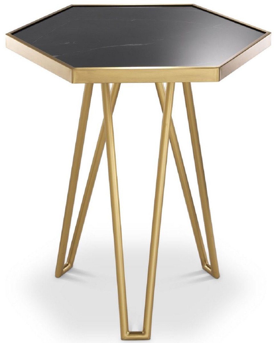 Casa Padrino Beistelltisch Luxus Beistelltisch Messingfarben / Schwarz 50 x 43 x H. 54,5 cm - Moderner 6-eckiger Edelstahl Tisch mit geschliffener Marmorplatte - Möbel - Luxus Möbel