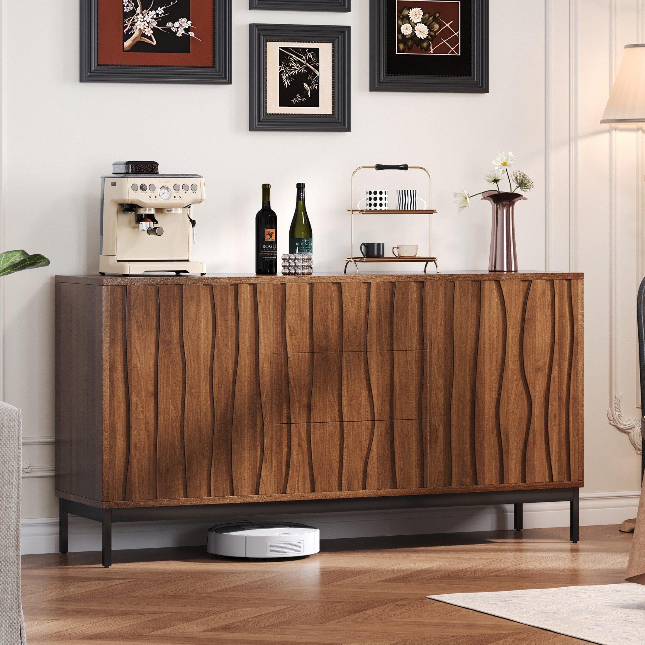 autolock Sideboard Kommode Schrank Eiche dunkel gemasert, 3 Schubladen 2 Türen (150 x 40 x 80 cm), Esszimmer Anrichte Küchenschrank Aufbewahrungsschrank