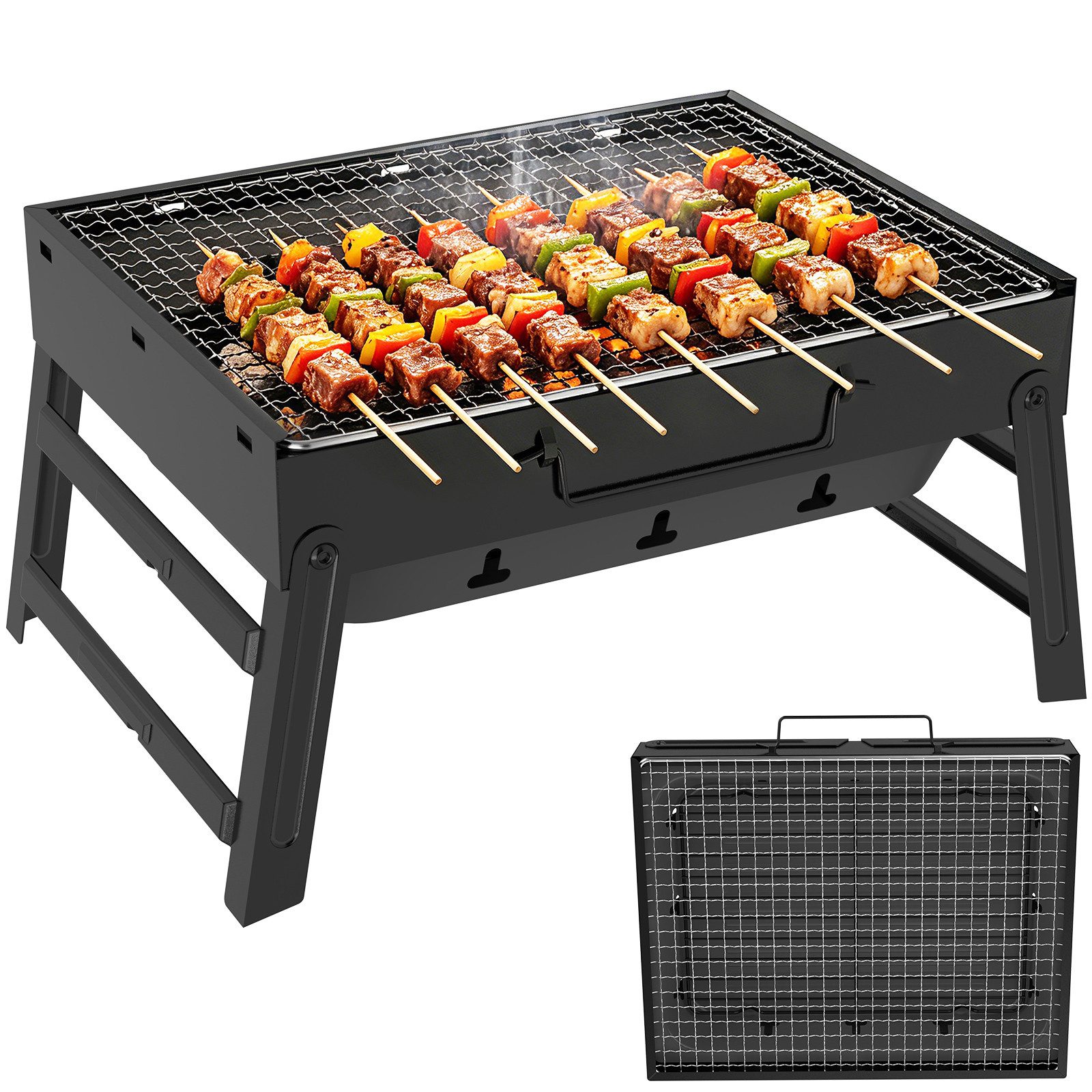 Huracan Holzkohlegrill Tragbarer,Klappbar Kompakter Grill mit Griff, und entnehmbarem Ascheauffangbehälter, Edelstahl Kleiner Grill Picknickgrill, für Garten, Balkon, Camping, Picknick & unterwegs