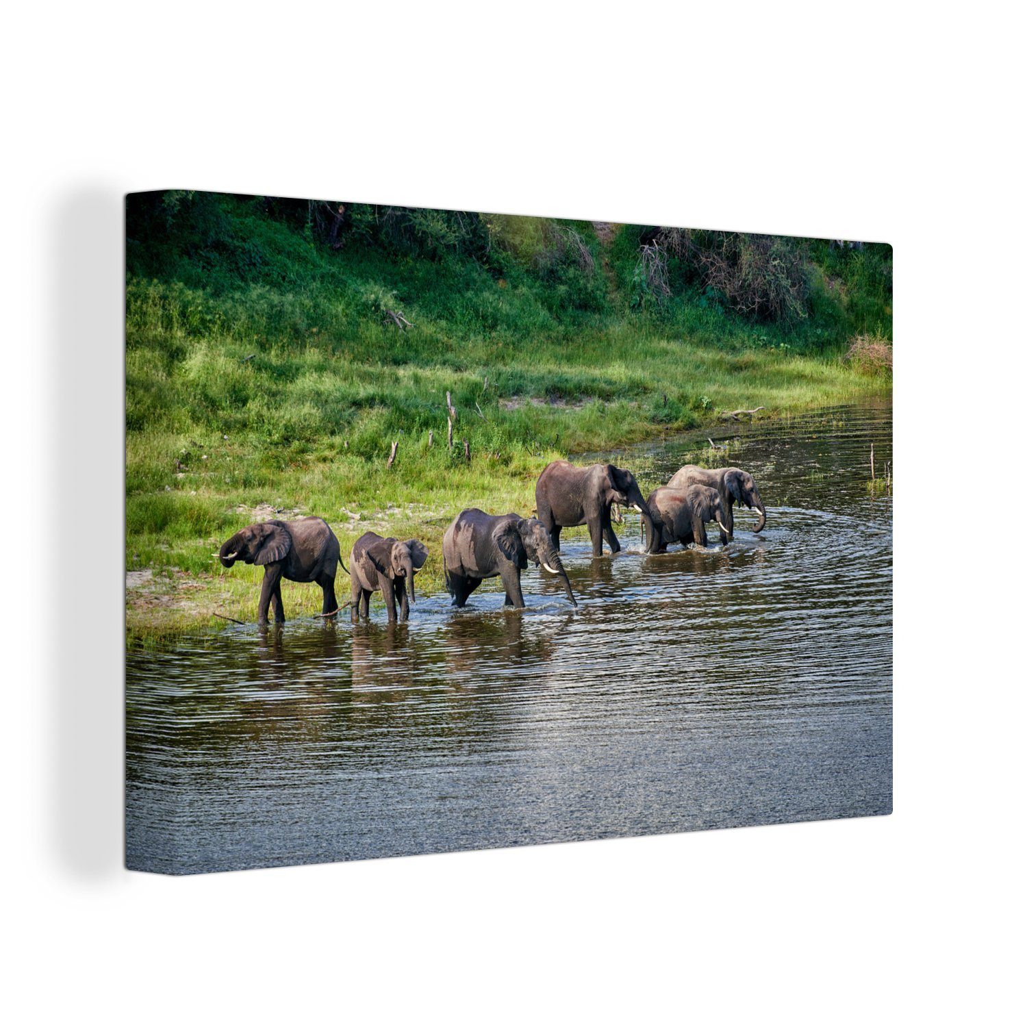 OneMillionCanvasses® Leinwandbild Elefanten im Fluss des Makgadikgadi Pans National Park, (1 St), Wandbild Leinwandbilder, Aufhängefertig, Wanddeko, 30x20 cm