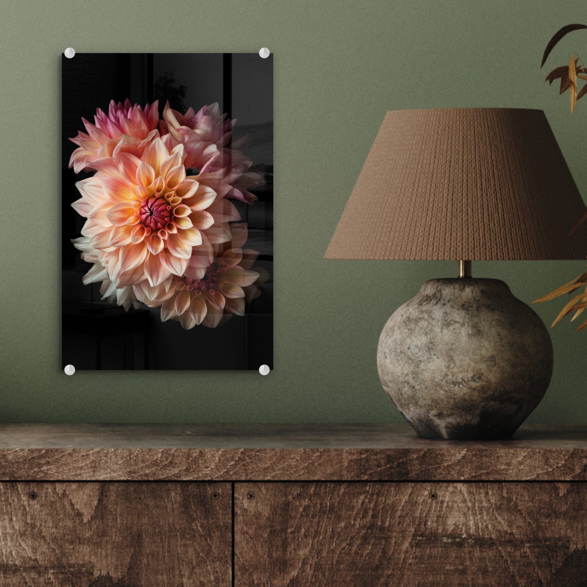 - Wandbild Bilder auf St), - Acrylglasbild Wanddekoration Blumen - auf Schwarz Glasbilder Dahlie - Foto MuchoWow Glas Rosa Botanisch, (1 Glas - - -