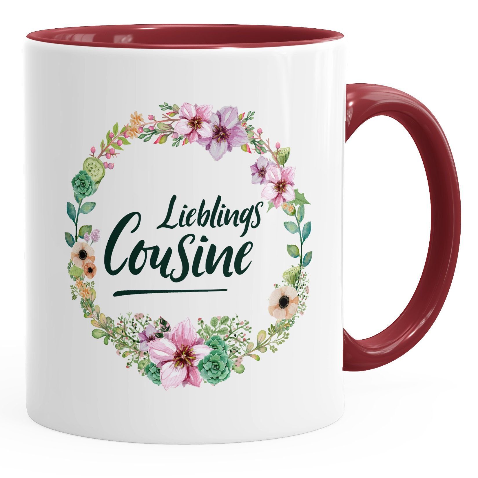 MoonWorks Tasse Kaffee-Tasse Geschenktasse Geschenk für Cousine Lieblingscousine Blumen Bordüre Blumenranke Blüten Familie MoonWorks®, Keramik bordeauxrot | Tassen