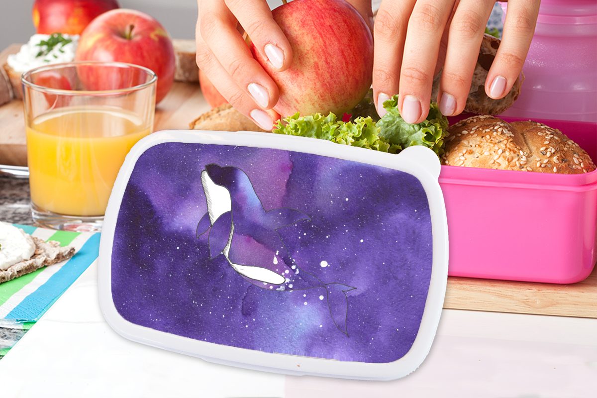 Kunststoff Lunchbox - für Kinder, Wal Aquarell, MuchoWow Mädchen, Snackbox, Lila Tiere rosa (2-tlg), Brotdose - Kunststoff, Brotbox Erwachsene, -