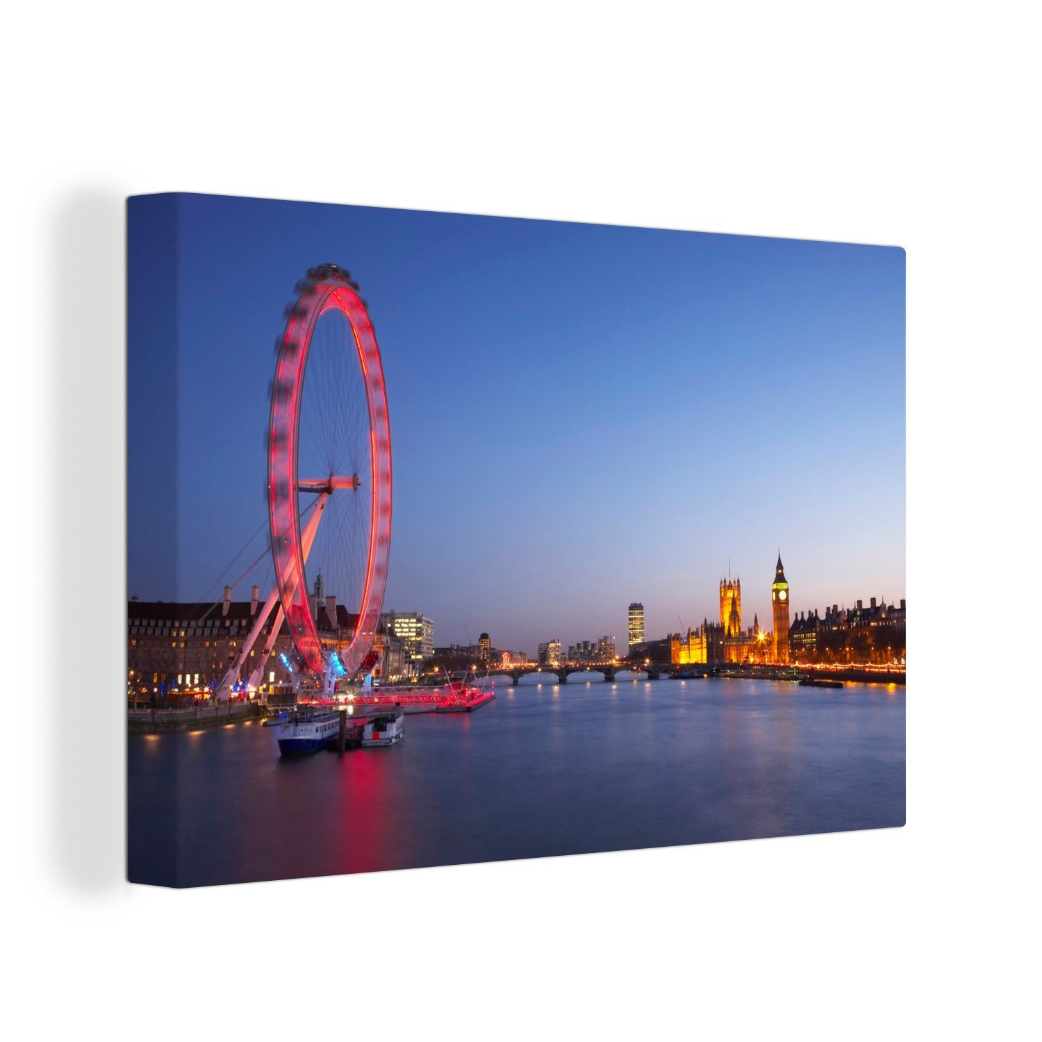 OneMillionCanvasses® Leinwandbild Ein beeindruckendes rotes London Eye, (1 St), Wandbild Leinwandbilder, Aufhängefertig, Wanddeko, 30x20 cm