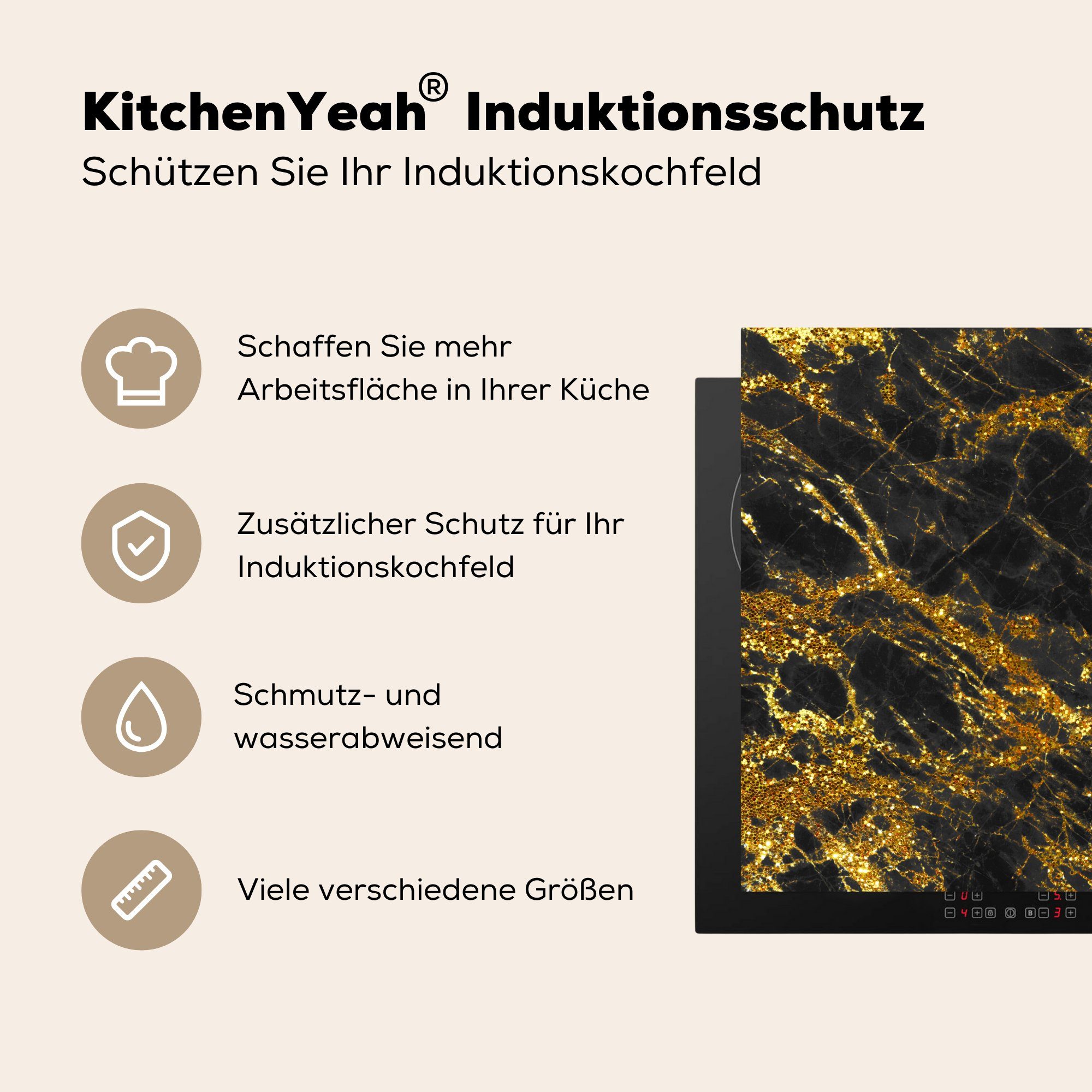 küche (1 Vinyl, Herdblende-/Abdeckplatte Schwarz - für Gold Ceranfeldabdeckung, - tlg), 78x78 Chic, Marmor cm, - MuchoWow Arbeitsplatte