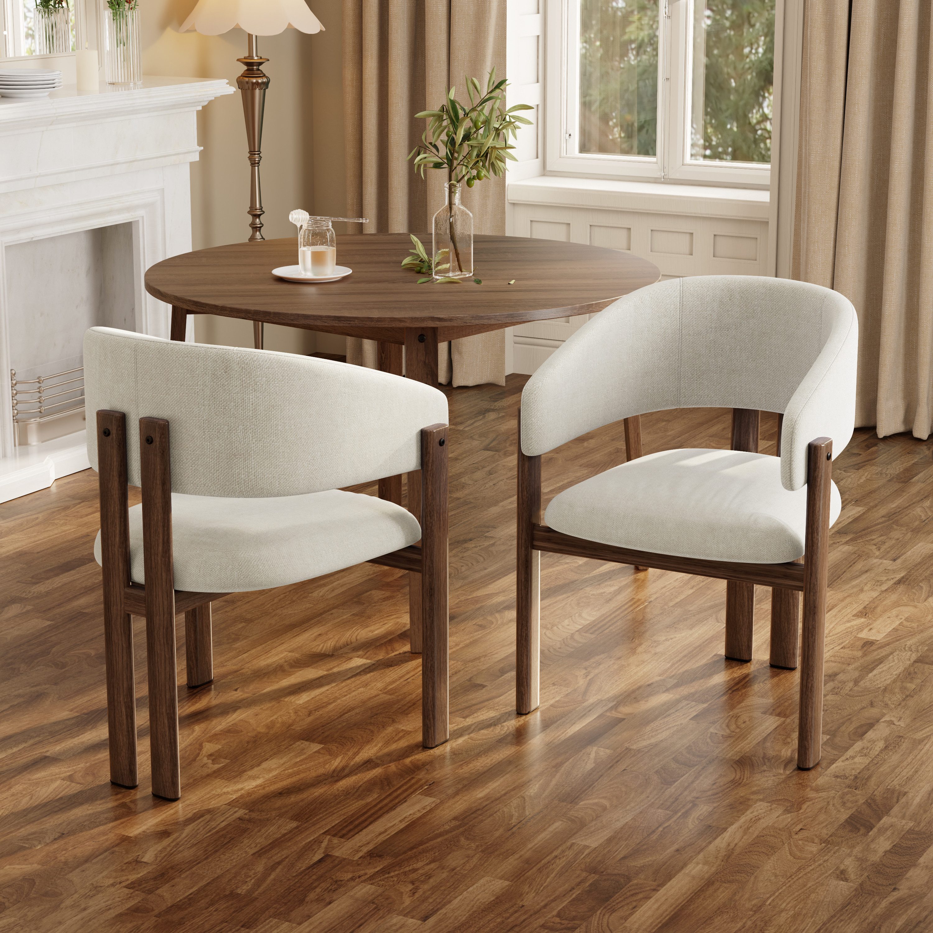 Flieks Polsterstuhl Gestell aus Metall in Holzoptik Walnussfarbe, Bezug aus Leinenstoff (Set, 2 St), 2er Set Esszimmerstühle Armlehnstühle Wohnzimmerstuhl Beige