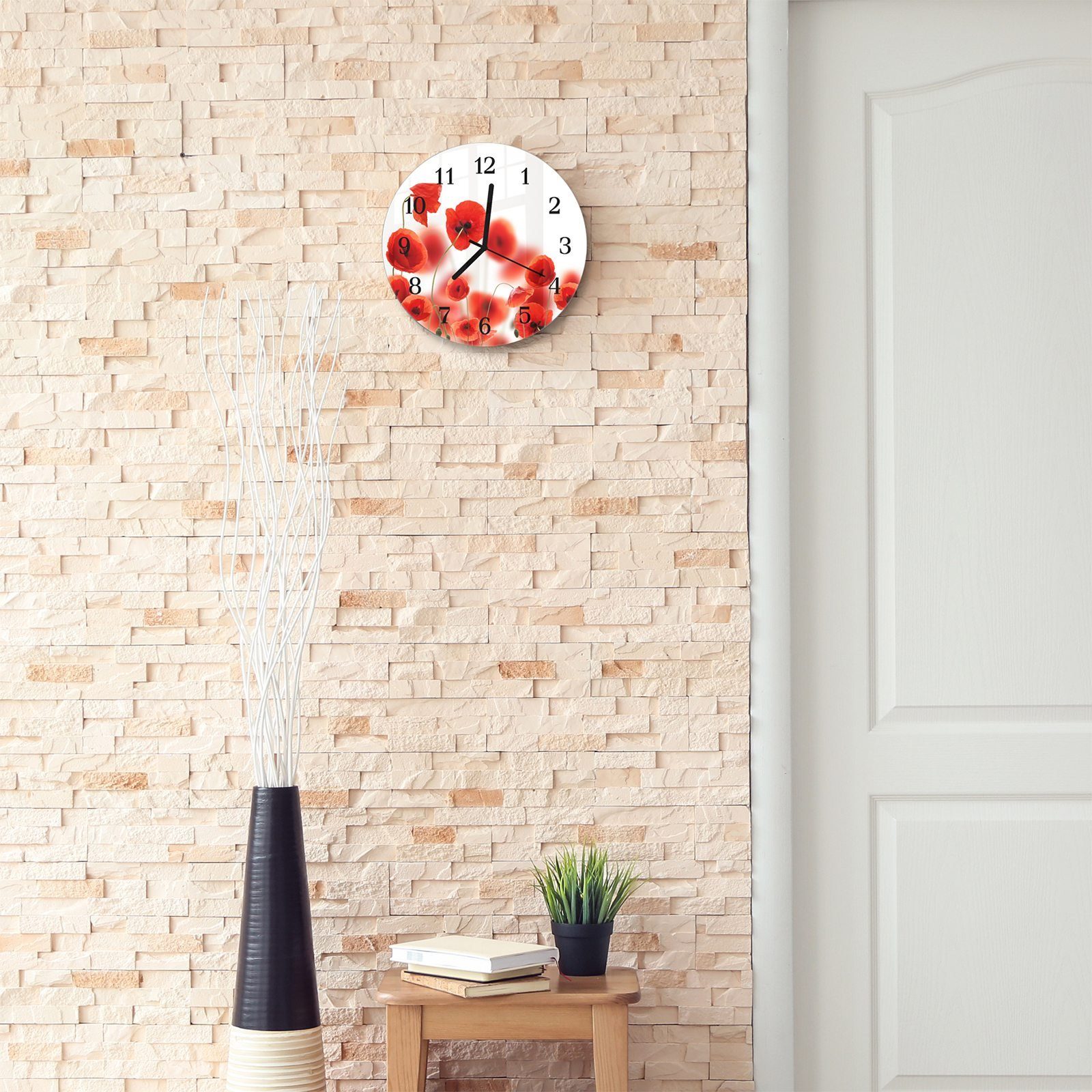 Primedeco 30 Mohnblüten Motiv Quarzuhrwerk Durchmesser cm und - Rund Wanduhr Digitale Wanduhr aus mit mit Glas