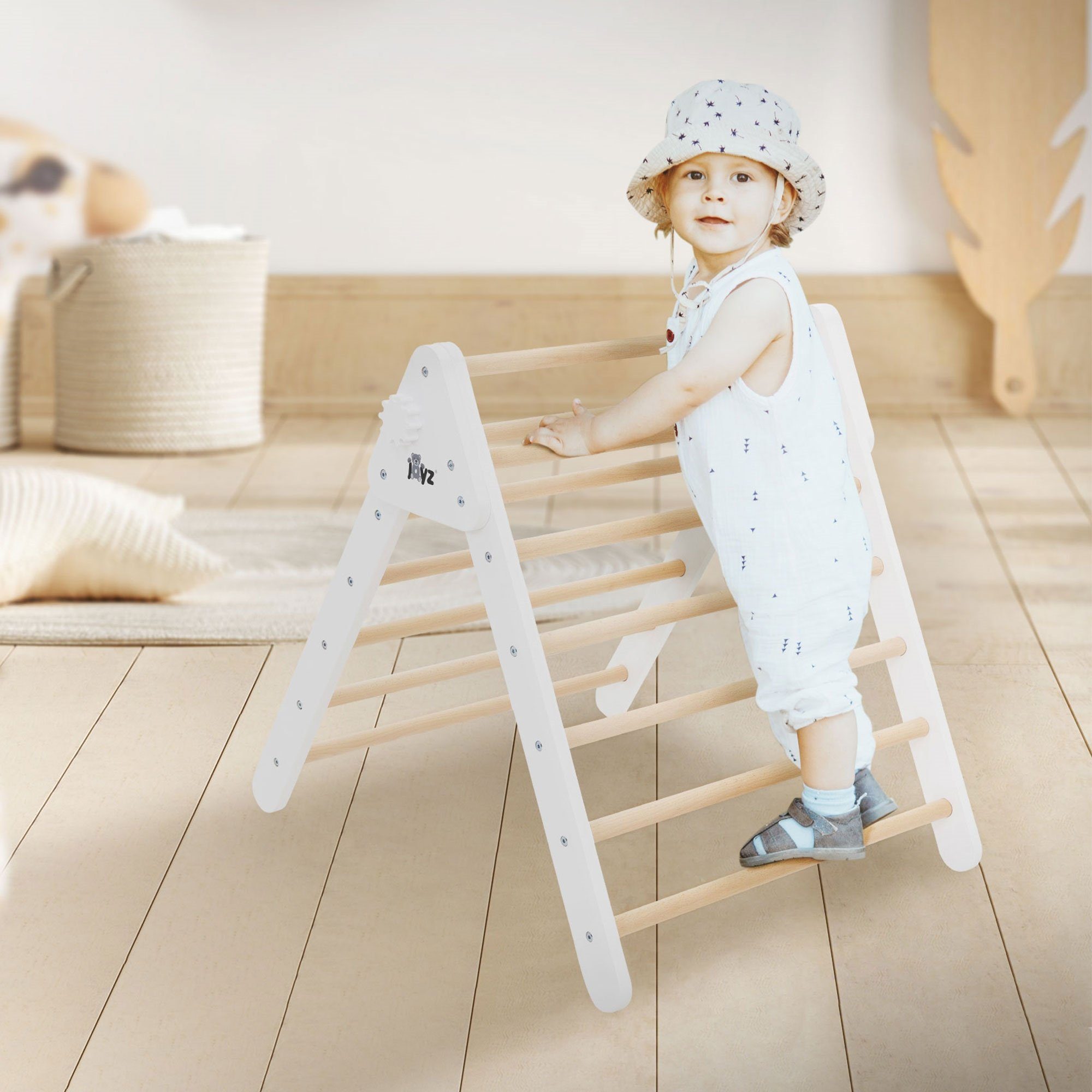 Joyz Klettergerüst Kletterleiter Spielzeug aus holz für Babies und Kleinkinder ab 1 Jahr, Montessori Kletterdreieck für Kinder Natur/Weiß Klappbar 73x72x70cm