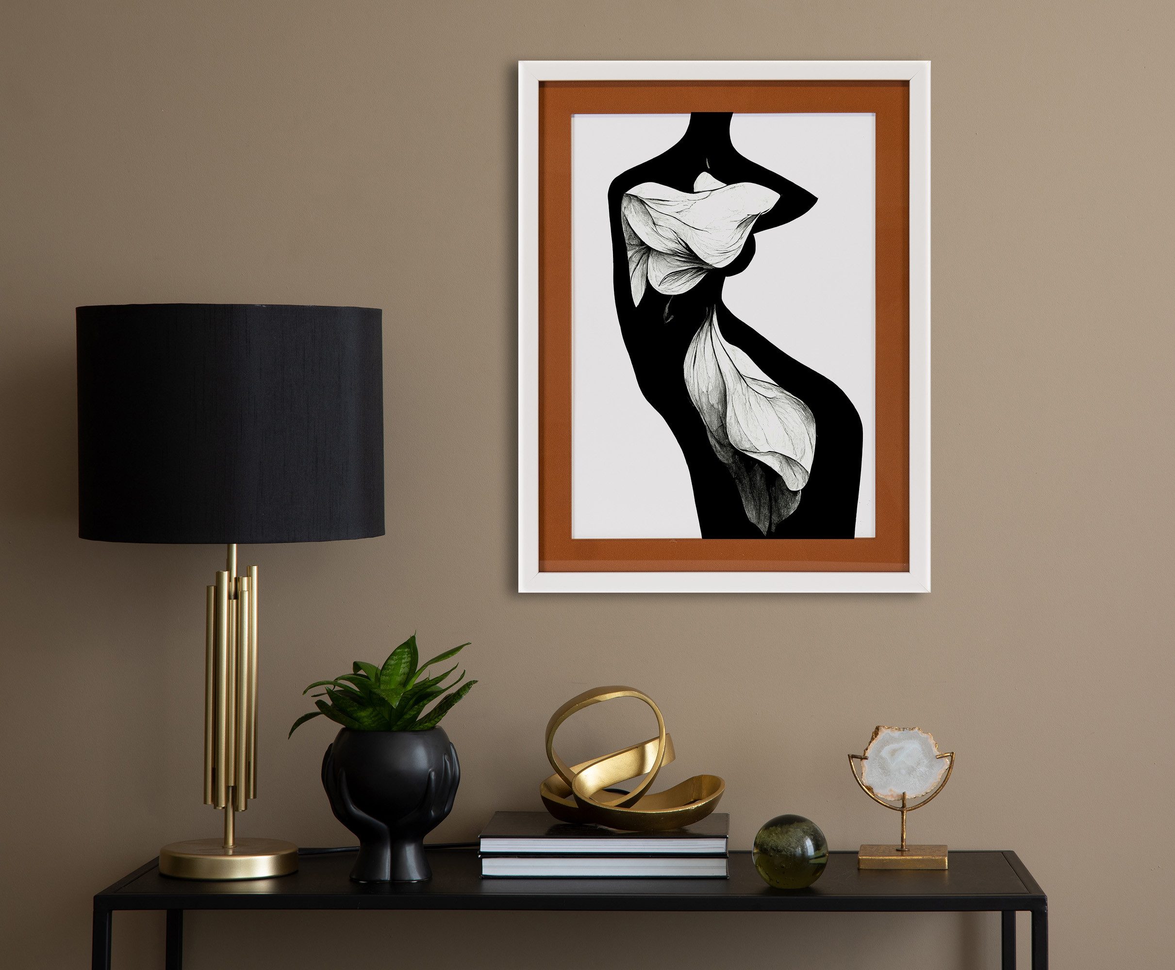 queence Bild mit Rahmen Frauenkörper, Blume, braun, Bilder von Frauen, Frau, Schwarz-Weiß (1 St), Poster mit buntem Acrylglas Passepartout