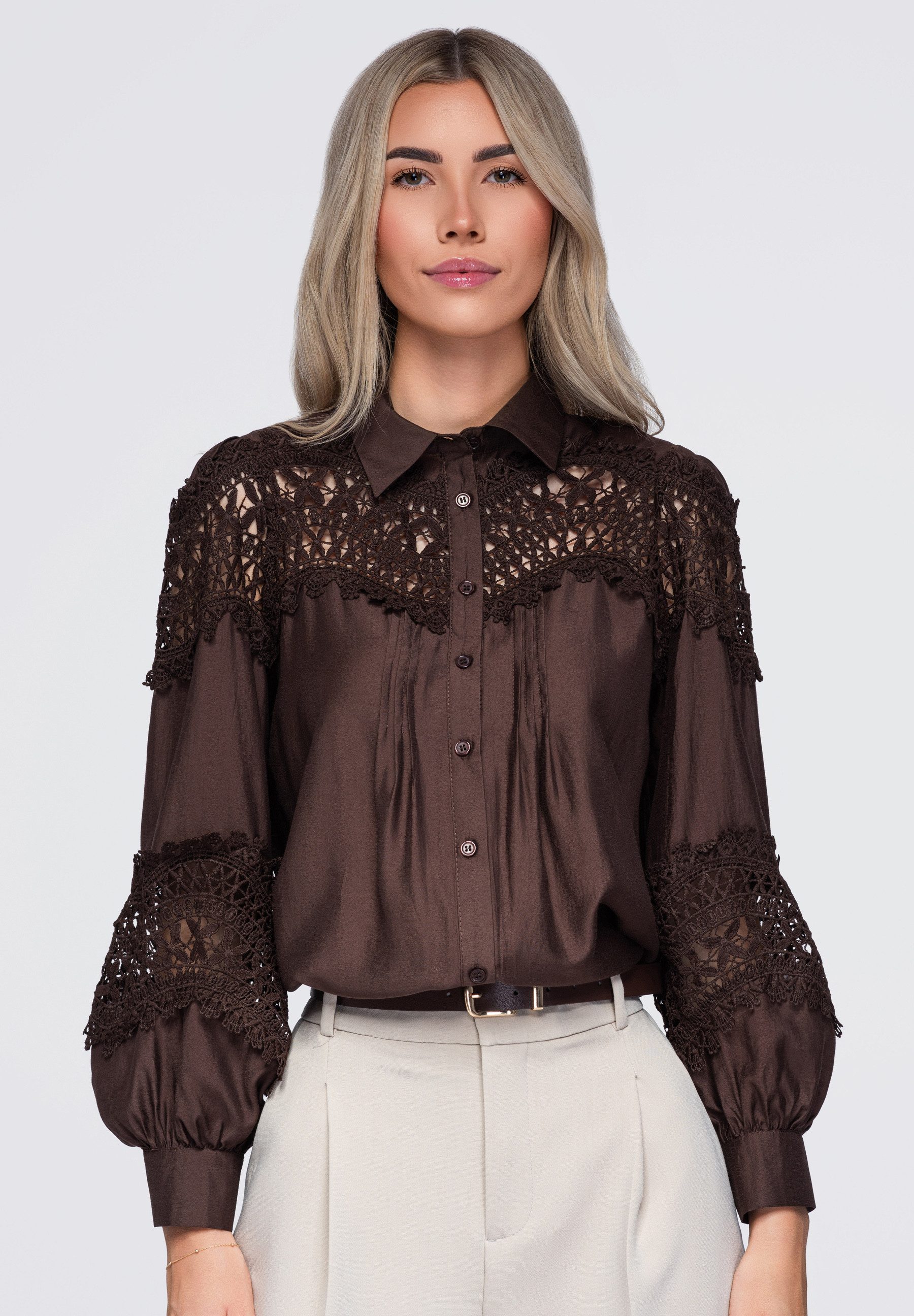 OMBRE Hemdbluse Damen Hemdbluse mit Spitzen-Details Braun L (kein Set, 1-tlg) in Unifarbe