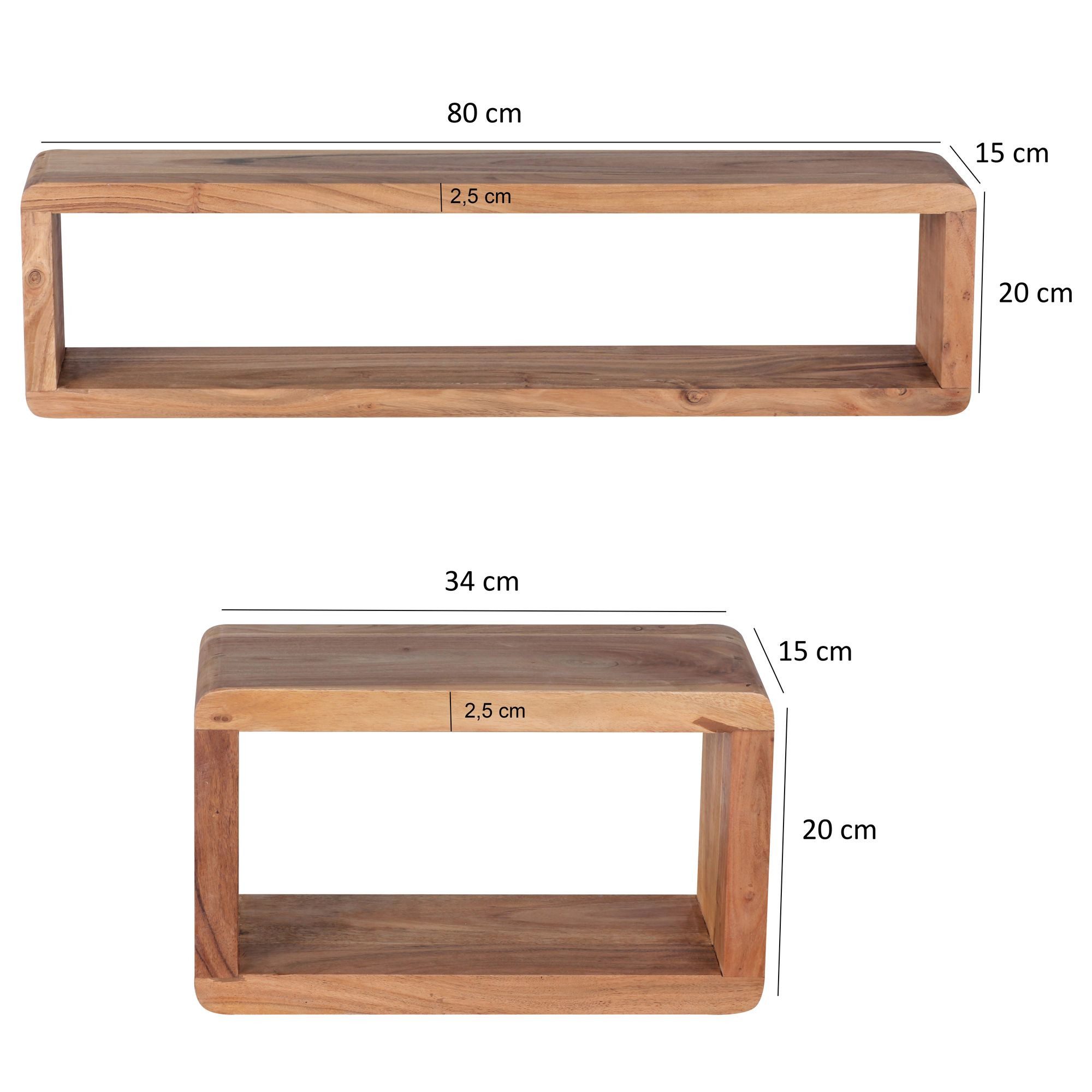 FINEBUY Wandregal SuVa2477_1 3er Set e Massivholz Holzregal Landhaus Wandboard, 3er Set Akazie Massivholz Rechteckig Modern, Hängeregal Schwebend, Wandboard Echtholz Regal