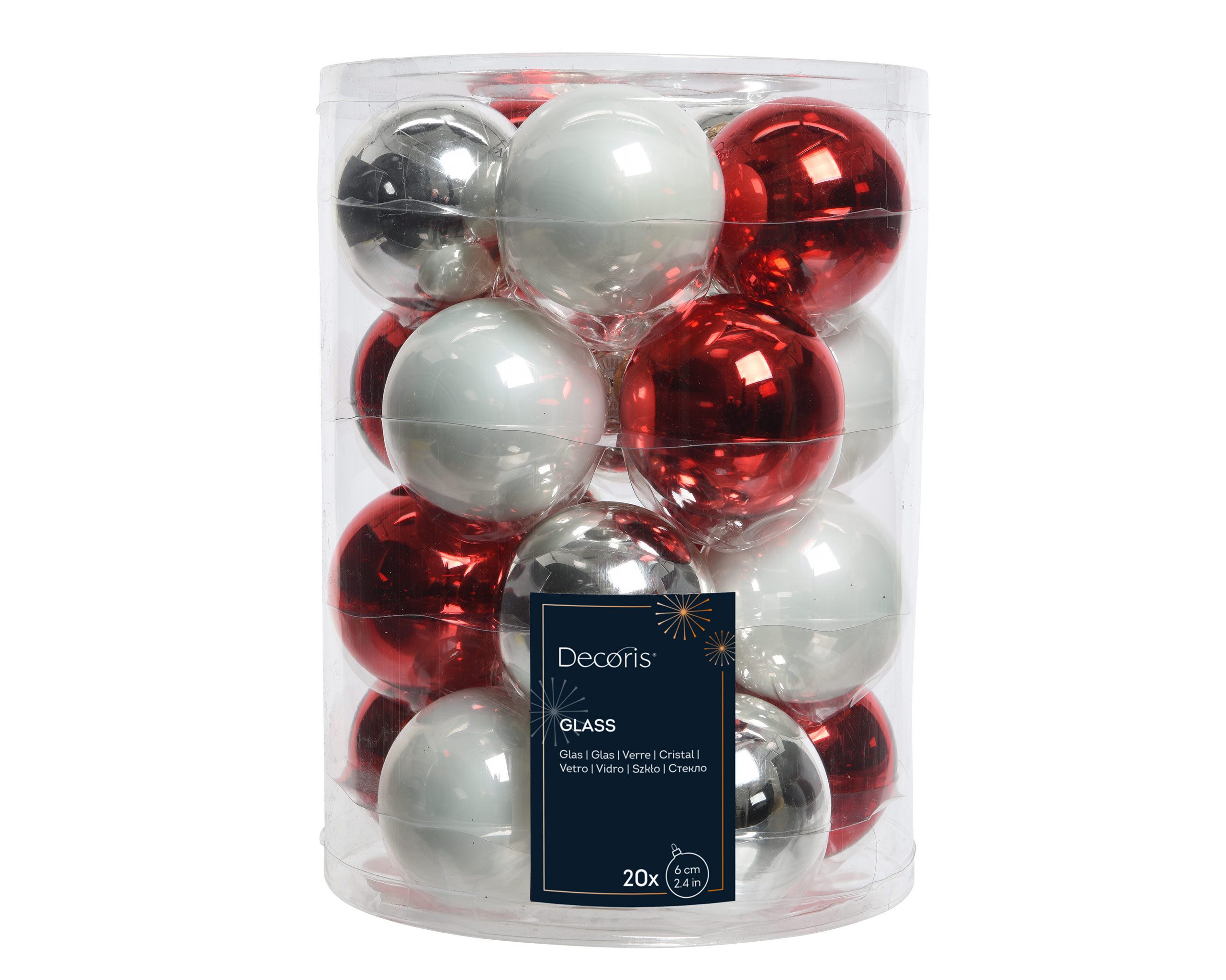 Kaemingk Weihnachtsbaumkugel, Weihnachtskugeln Glas 6cm x 20 Stück - Rot / Silber / Weiß Mix
