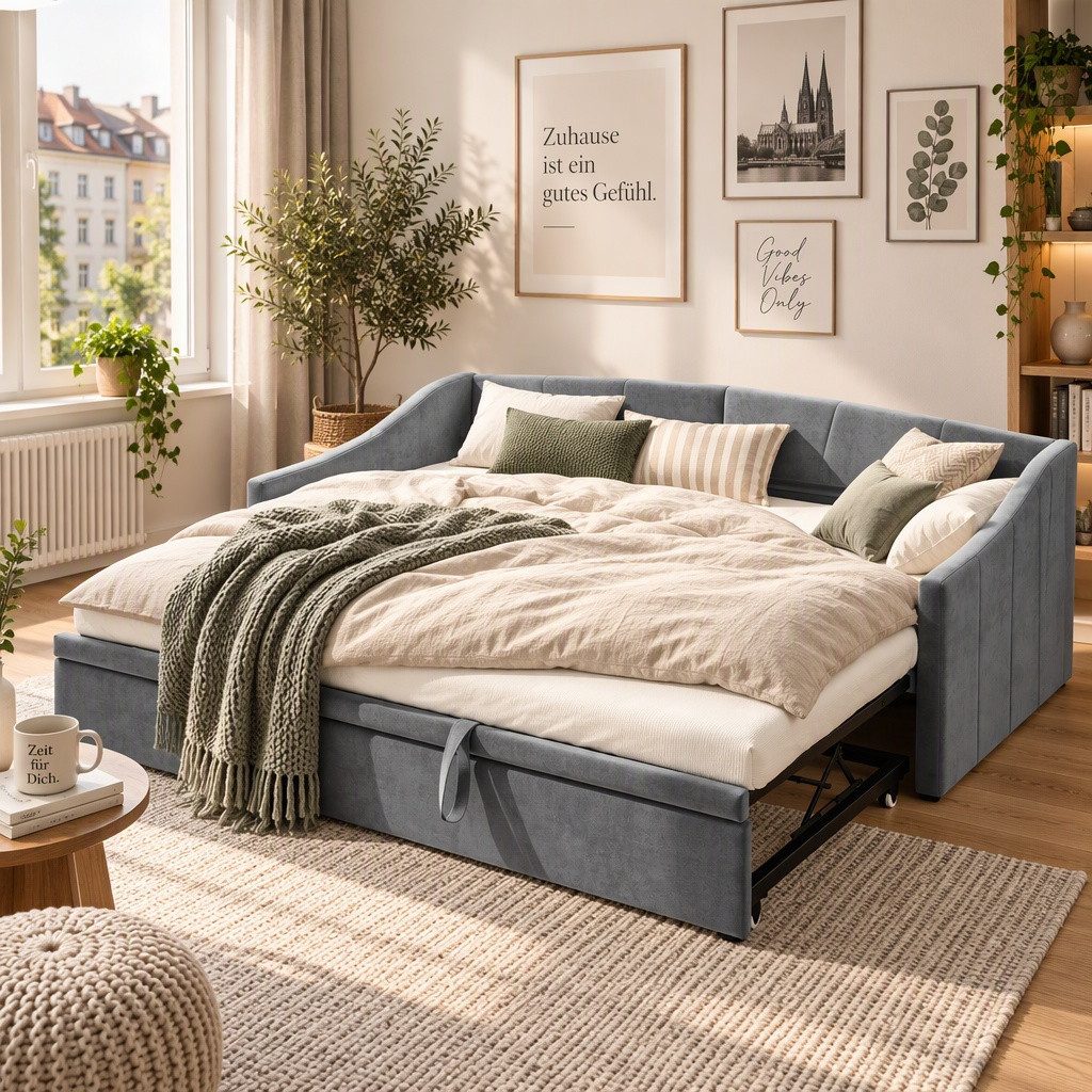 Furnishings Home Polsterbett Daybett Tagesbettt Ausziehbett (1-tlg), Schlafsofa, Mit Unterbett, 90x200 cm/180x200 cm, Lattenrost, Samt