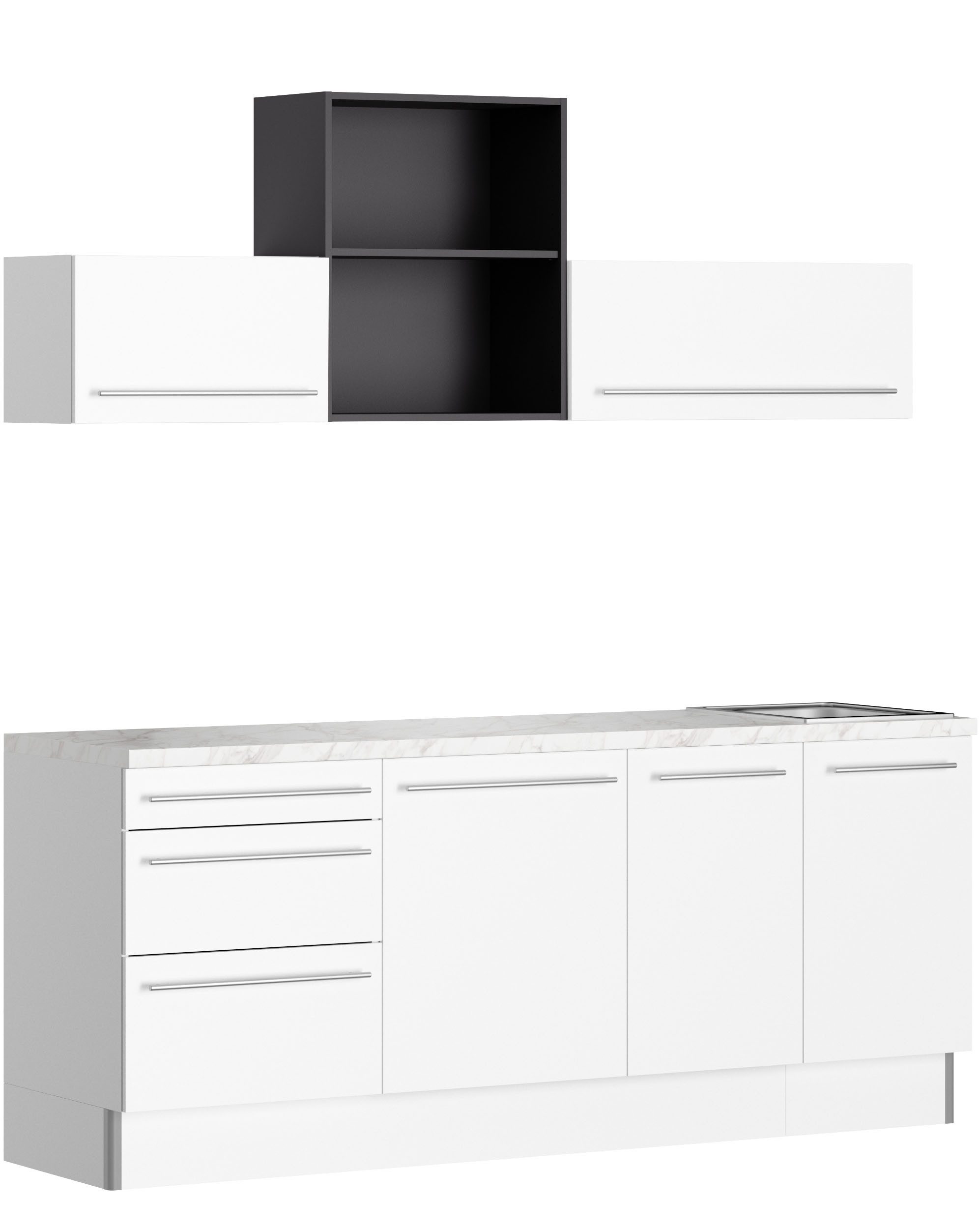 KOCHSTATION Küche KS-Bern2, Breite 210 cm, wahlweise mit E-Geräten, mit Regal