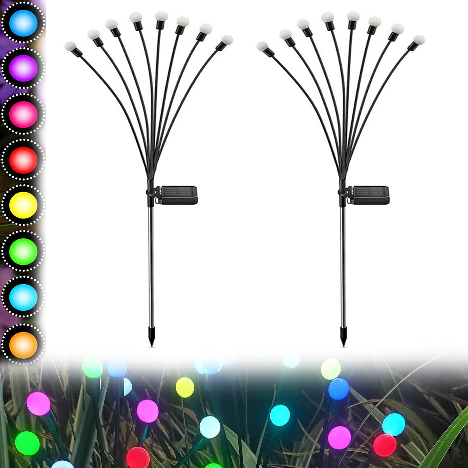 MUPOO LED Gartenleuchte LED-Lichterkette Leuchten Solarbetriebene Glühwürmchen IP65, 2 Stück, 8 LED-Leuchten, Solar Glühwürmchen Warmweißes/RGB,Garten Deko Glühwürmchen,6/8/10Köpfe