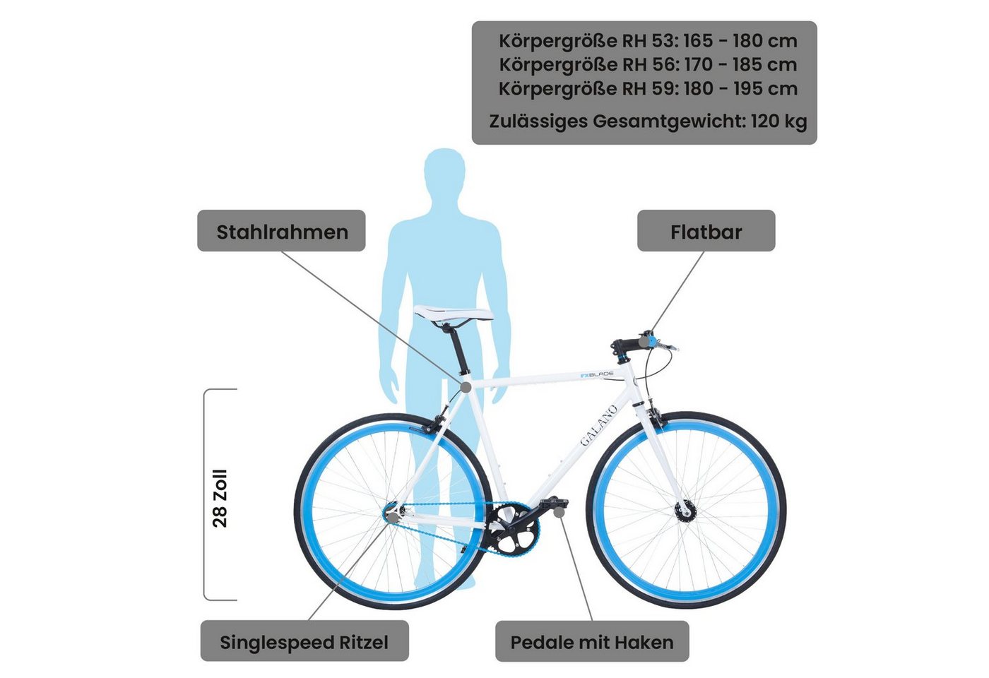 Thumbnail - Galano Singlespeed Blade, 1 Gang, ohne Schaltung, Fixie Fahrrad Singlespeed Damen Herren 165 - 195 cm retro Urban Bike
