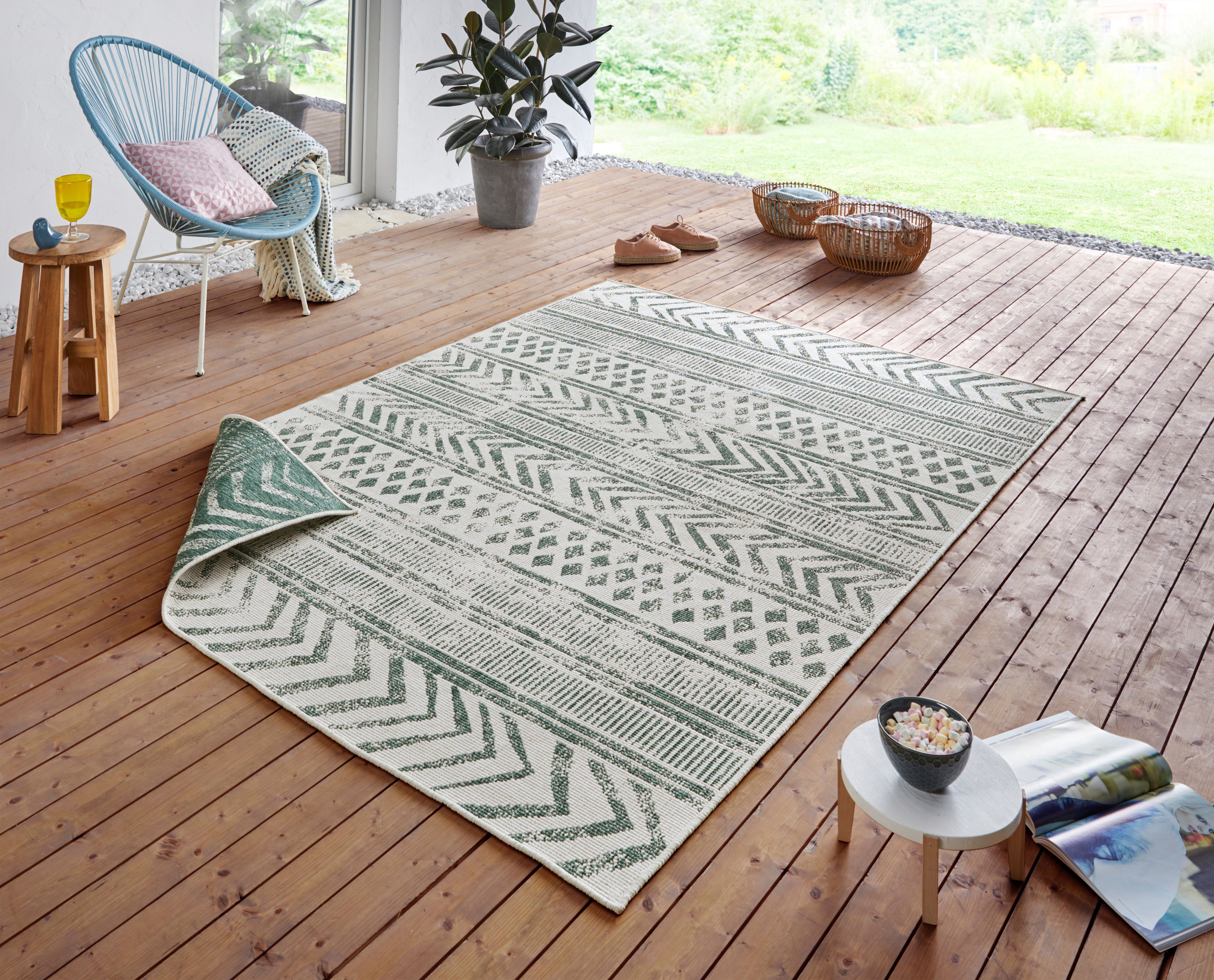 Teppich BIRI Wendeteppich, NORTHRUGS, rechteckig, Höhe: 5 mm, In-& Outdoor, Wetterfest, Balkon, Garten, Wohnzimmer, Wasserfest, Boho creme/grün